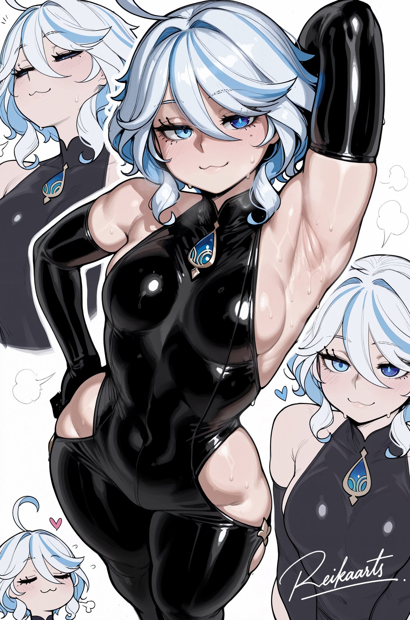 1girls, 2d, ai generated, armpit fetish, clothed, color, female, female only, furina (genshin impact), genshin impact, latex, reikarts, solo, solo female, sweat, sweaty armpits, tight clothing