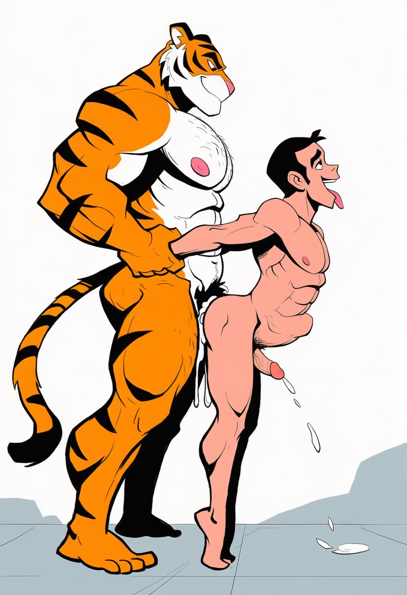 abs, ai art, ai generated, anal, anal sex, anthro, anthro dominating human, anthro on human, anthro penetrating, anthro penetrating human, ass, balls, bara, big dom small sub, bite, blush, bodily fluids, brown body, brown fur, brown hair, cum, cum while penetrated, daddy, dilf, dominant, dominant anthro, dominant male, duo, ejaculation, erection, ero frog0429, felid, feline, fur, gay, genital fluids, genitals, hair, holding partner, human, human on anthro, human penetrated, humansub, hunk, interspecies, japanese text, larger anthro, larger male, male, male only, male operator, male penetrated, male penetrating, male penetrating male, male/male, mammal, multicolored body, multicolored fur, muscular, muscular anthro, muscular male, naked, naked male, neck bite, nude, on bottom, on top, pantherine, pecs, penetration, penile, penile penetration, penis, penis in ass, reverse cowgirl position, sex, size difference, smaller human, smaller male, smaller penetrated, stomach bulge, submissive, submissive human, submissive male, text, tiger, tongue, tongue out, white body, white fur, yaoi