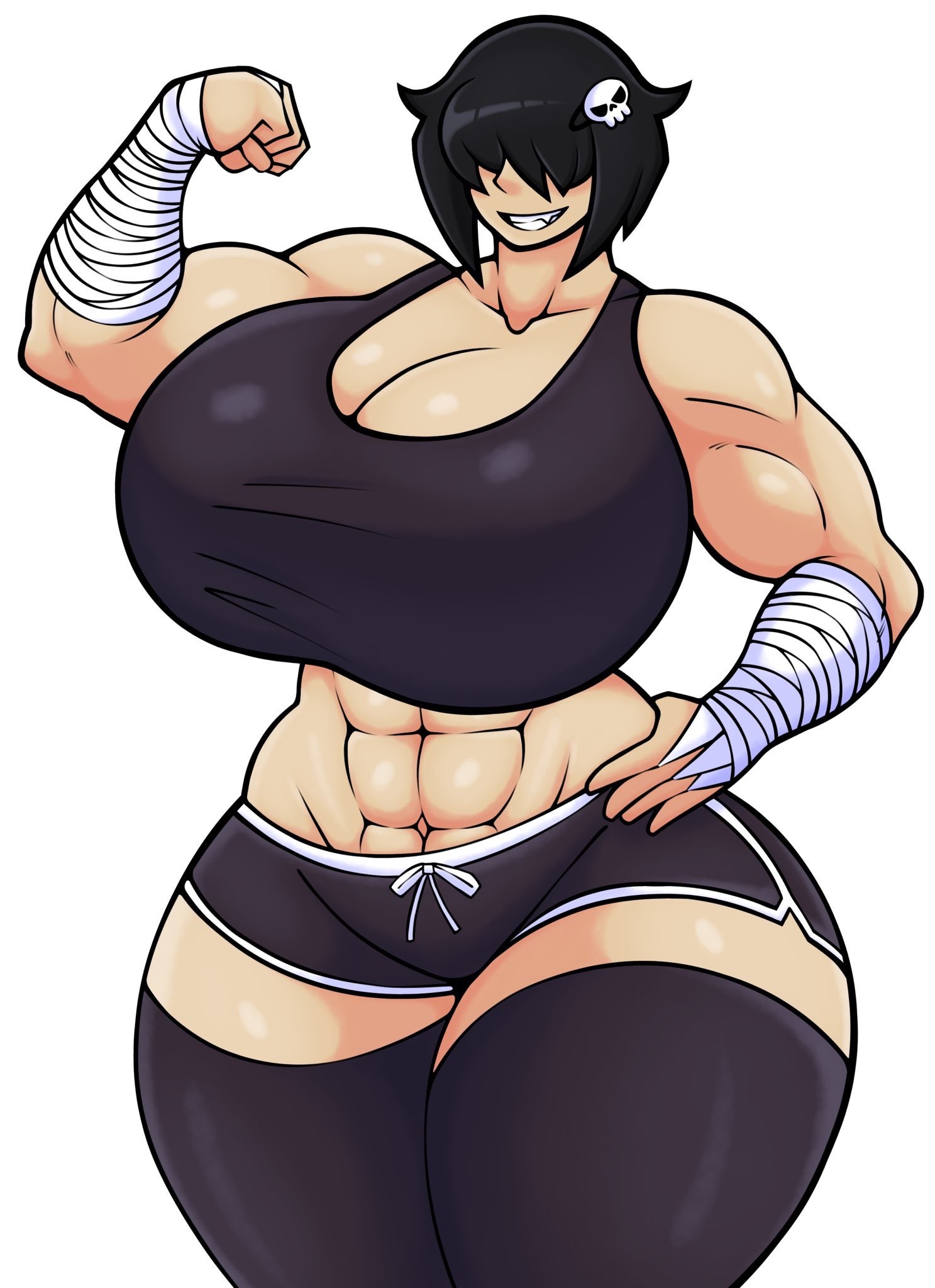 1female, 1girls, 1woman, 2d, 2d (artwork), 2d artwork, abs, background, bandage, bandaged arm, big breasts, black, black legwear, black shorts, black tank top, breasts, buff, buff female, digital drawing (artwork), digital media (artwork), emo, emo girl, emo hair, female, female only, flexing, hair, hair covering eye, hair covering eyes, huge breasts, jpeg, jpg, large breasts, legwear, light skin, light skinned female, light-skinned female, muscular, muscular female, necrosus, roblox, roblox avatar, robloxian, short hair, shorts, simple background, skull hair ornament, solo, solo female, tank top