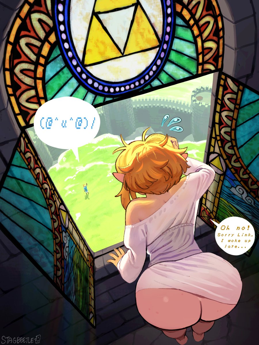 1girls, 2d, ass, big ass, blonde female, blonde hair, dialogue, elf ears, english, english text, female, female focus, huge ass, hylian, light skin, light-skinned female, link, nintendo, pointy ears, princess zelda, short hair, signature, speech bubble, stagbeetle, tagme, tears of the kingdom, text, the legend of zelda, wide hips, window, zelda (tears of the kingdom)