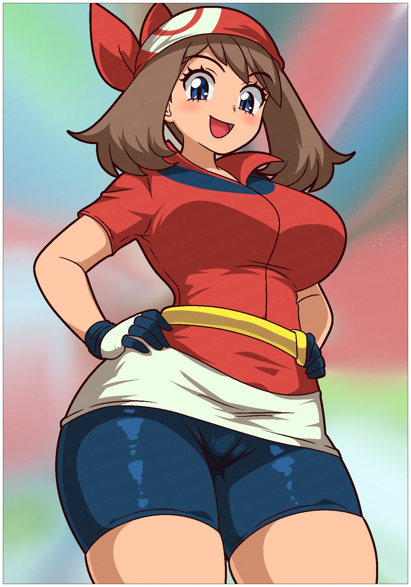 1girls, bandana, big breasts, blue eyes, breasts, brown hair, busty, cameltoe, confident, female, female only, hands on hips, large breasts, looking at viewer, may (pokemon), open mouth, pokemon, pokemon (anime), pokemon rse, pose, posing, seireiart, sensual, sexy, shirt, shorts, smile, teeth, thick thighs, thin waist, tongue, underboob, wide hips