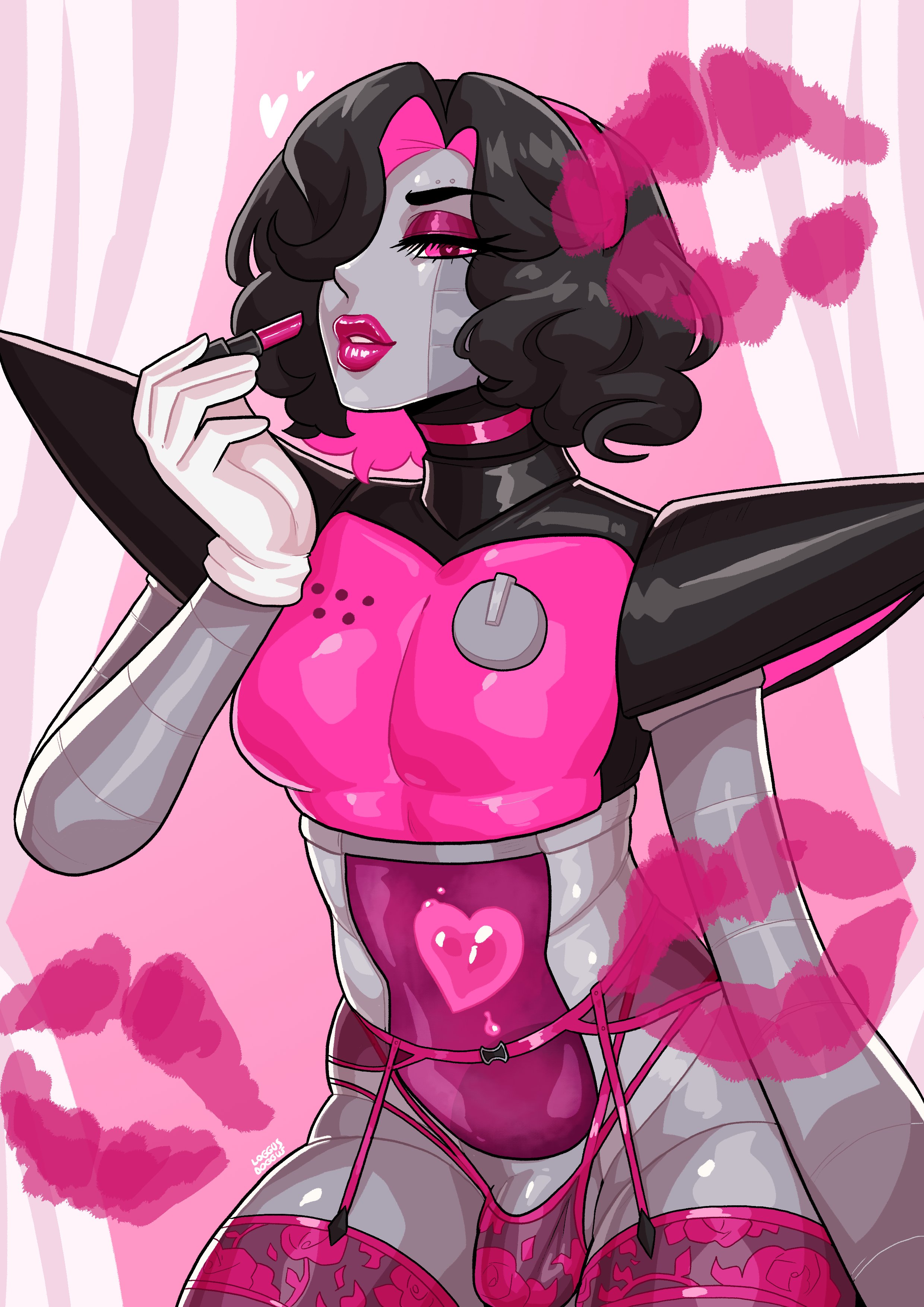1boy, abs, black hair, bulge, deltarune, eyeshadow, femboy, garter belt, garter straps, hair over one eye, heart, heart-shaped pupils, hi res, highres, kiss mark, lipstick, loggus doggus, makeup, mettaton, mettaton ex, penis, pink eyes, pink eyeshadow, pink lipstick, pink makeup, robot, robot boy, robot femboy, thick thighs, undertale, undertale (series)