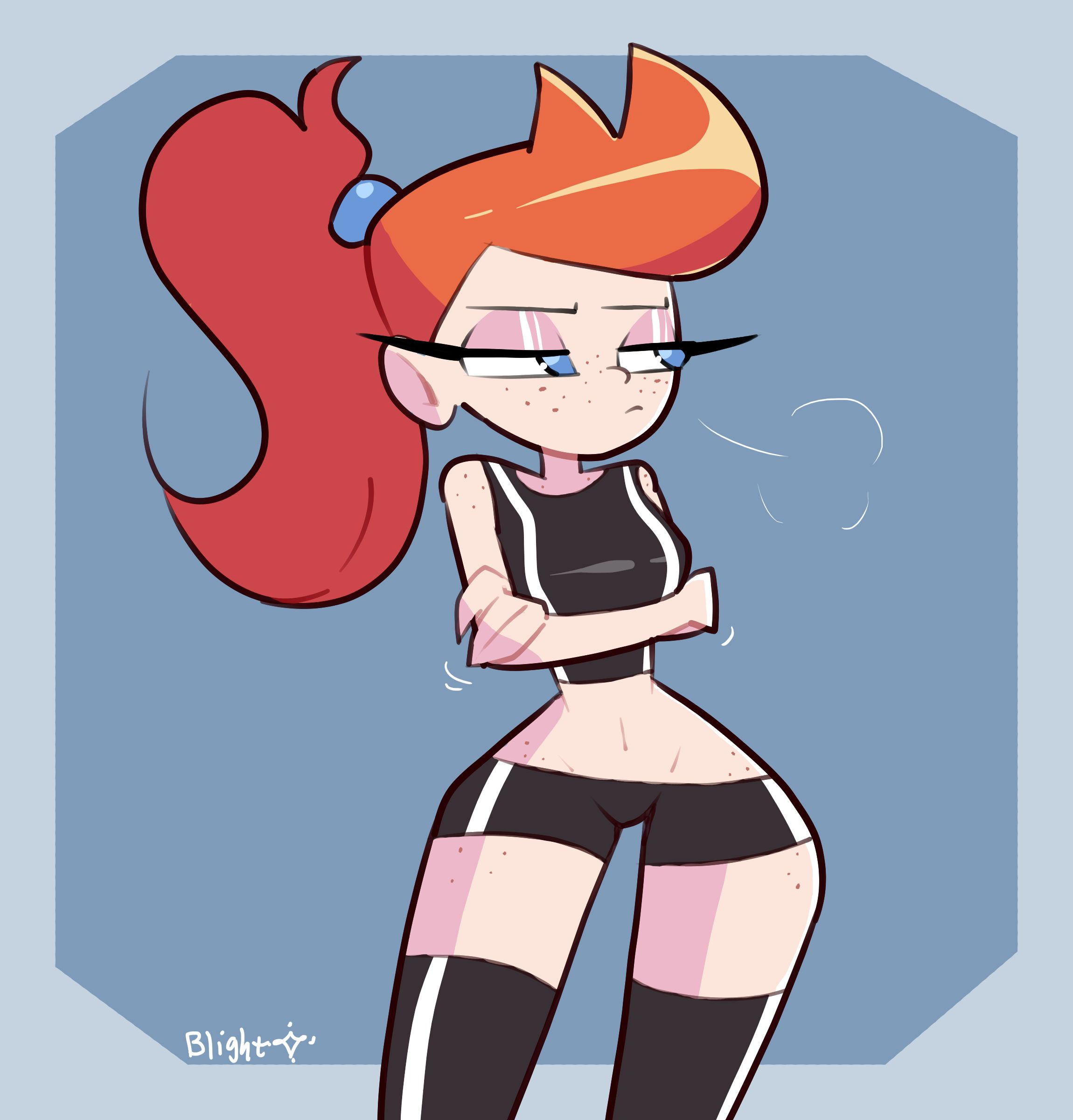 1girls, arms crossed, blightstar, blue eyes, crop top, emily (blightstar), eyelashes, female, female only, freckles, freckles on face, freckles on shoulders, freckles on thighs, ginger, grumpy, half-closed eyes, long hair, midriff, no nudity, original, original character, ponytail, revealing clothes, short shorts, shorts, sigh, solo, standing, striped clothing, tagme, thighhighs, tight clothing, vertical stripes