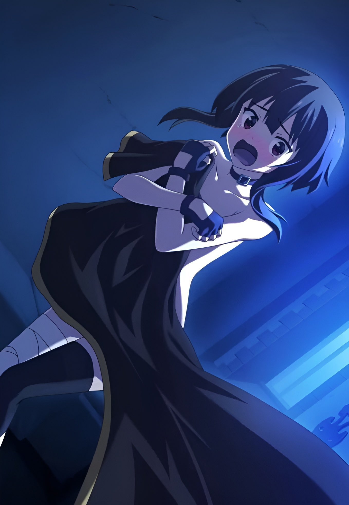 1girls, bandages, bare shoulders, black gloves, black hair, black legwear, blush, cape, choker, collarbone, female, female only, fingerless gloves, gloves, kono subarashii sekai ni shukufuku wo!, megumin, nude, nude female, open mouth, short hair with long locks, sidelocks, solo, tears, thighhighs