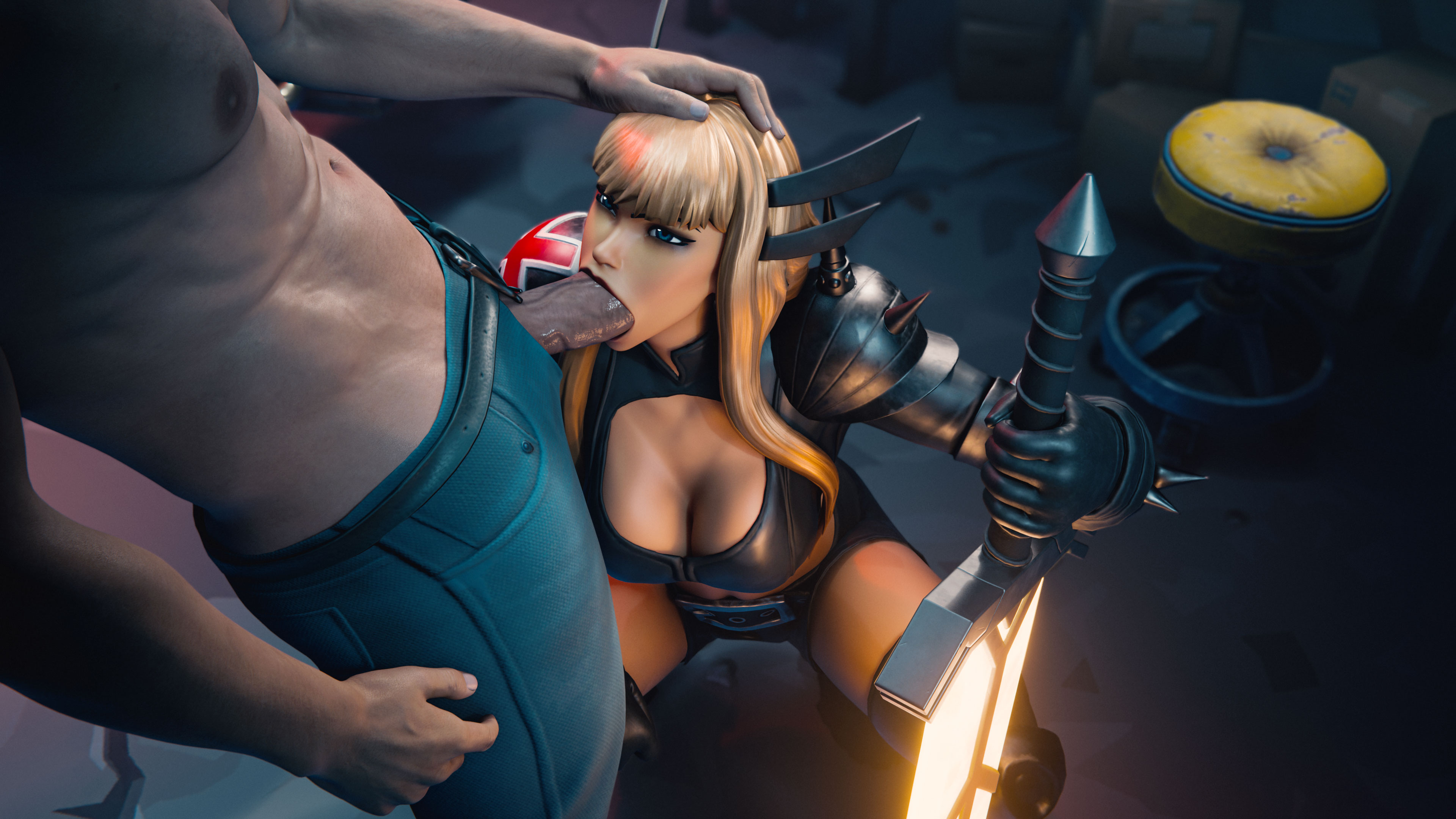 1boy, 1girls, 3d, 3d (artwork), big breasts, blowjob, cleavage, cleavage cutout, downblouse, female, fortnite, fortnite: battle royale, looking at partner, looking up, macklesternsfw, magik (fortnite), magik (illyana rasputin), male, marvel, marvel comics, squatting