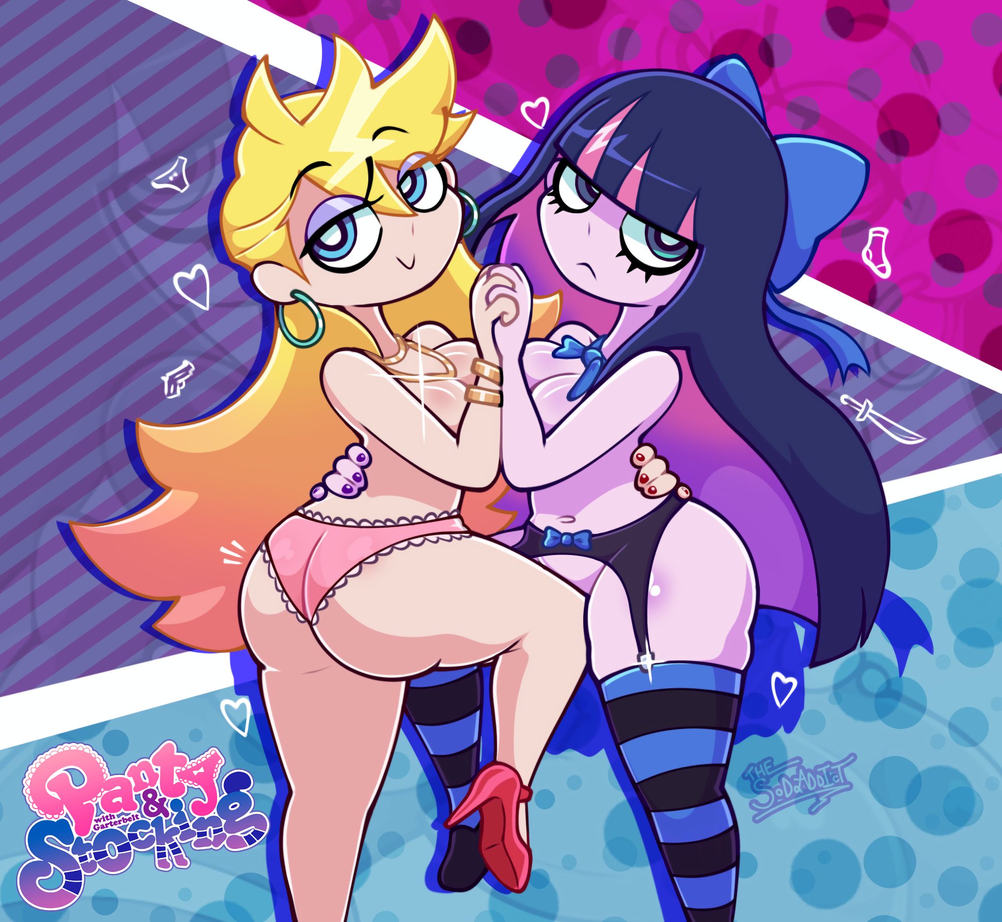 2girls, blue eyes, earrings, eyeliner, multicolored hair, necklace, panties, panty & stocking with garterbelt, panty anarchy, sexy, siblings, source request, stocking anarchy, tagme, thesoderaddict