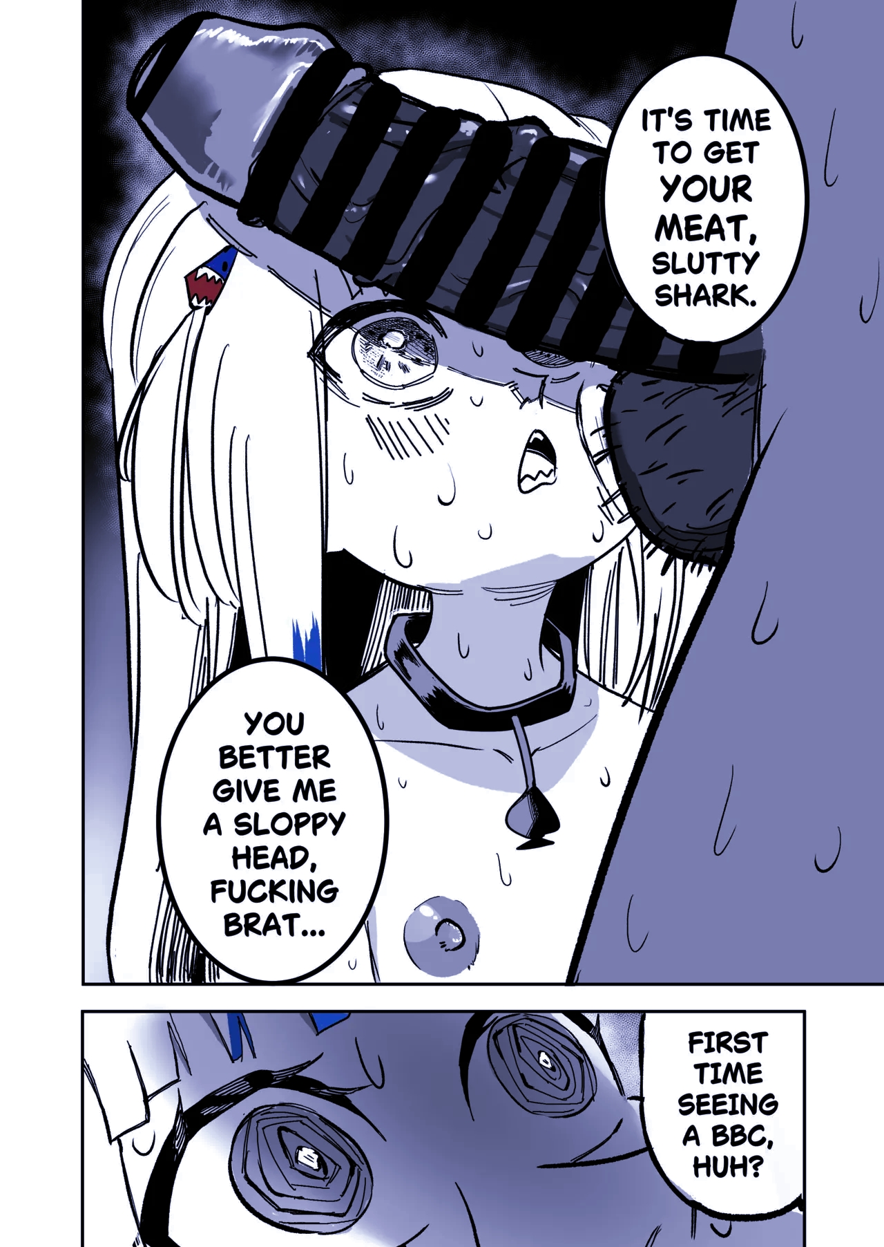 1boy, 1girls, blacked, censored, english text, female, flat chest, gawr gura, harlotlive, hentai, hololive, hololive english, hypnosis, hypnotized gura loves the meat, interracial, looking at penis, male, manga, monochrome, penis, penis awe, queen of spades, text, virtual youtuber, yagooner