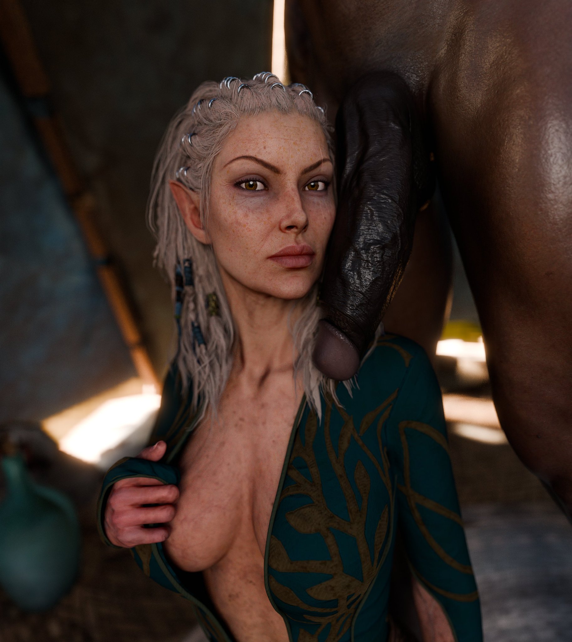 1boy, 1girls, 3d, age difference, baldur's gate, baldur's gate 3, brown eyes, cleavage, completely nude male, dark-skinned male, derpderp, dungeons and dragons, exposed breasts, grey hair, half-elf, half-elf female, interracial, jaheira, large penis, light-skinned female, looking at viewer, milf, nude male, older female, penis on face, pointy ears, undressing, undressing self, veiny penis