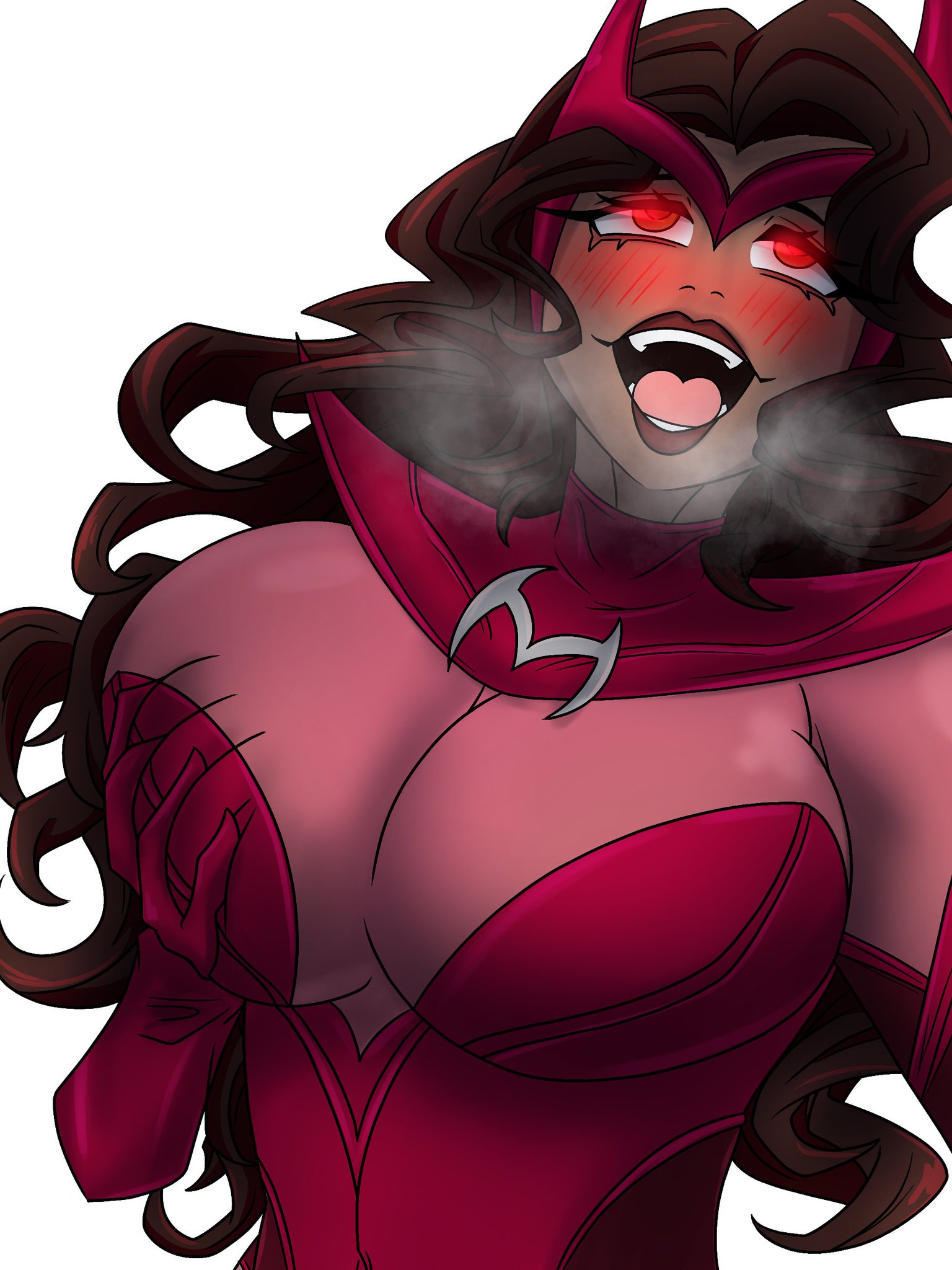 2d, avengers, big breasts, breasts, brown hair, city boy, dark skin, dark-skinned female, female, female only, fully clothed, grabbing, grabbing breasts, grabbing own breast, large breasts, marvel, marvel rivals, red eyes, scarlet witch, scarlet witch (marvel rivals), solo, solo female, visible breath, wanda maximoff, yasudakojo, yumeko grabbing her breast