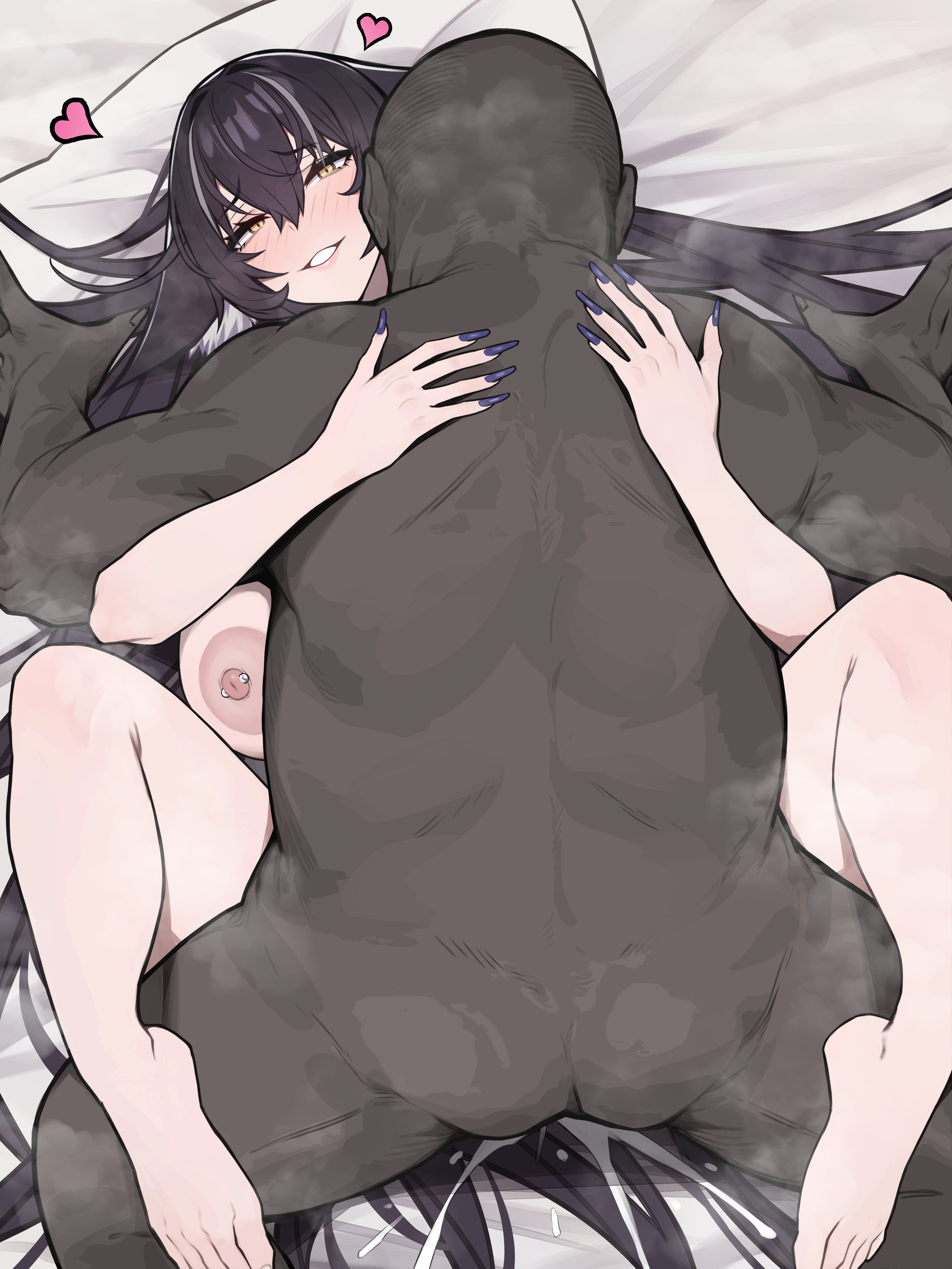 1boy, 1girls, arms behind back, ass, azur lane, back view, barbell piercing, bed sheet, commission, cum, cum in pussy, cum on bed, cum on hair, dark skin, dark-skinned male, fat male, feet, fox ears, interracial, large breasts, light skin, light-skinned female, long hair, mating press, musashi (azur lane), nipple piercing, on bed, pixiv commission, pleasured female, purple hair, sakura empire (azur lane), siu (siu0207), whiskers, white bed sheet, yellow eyes