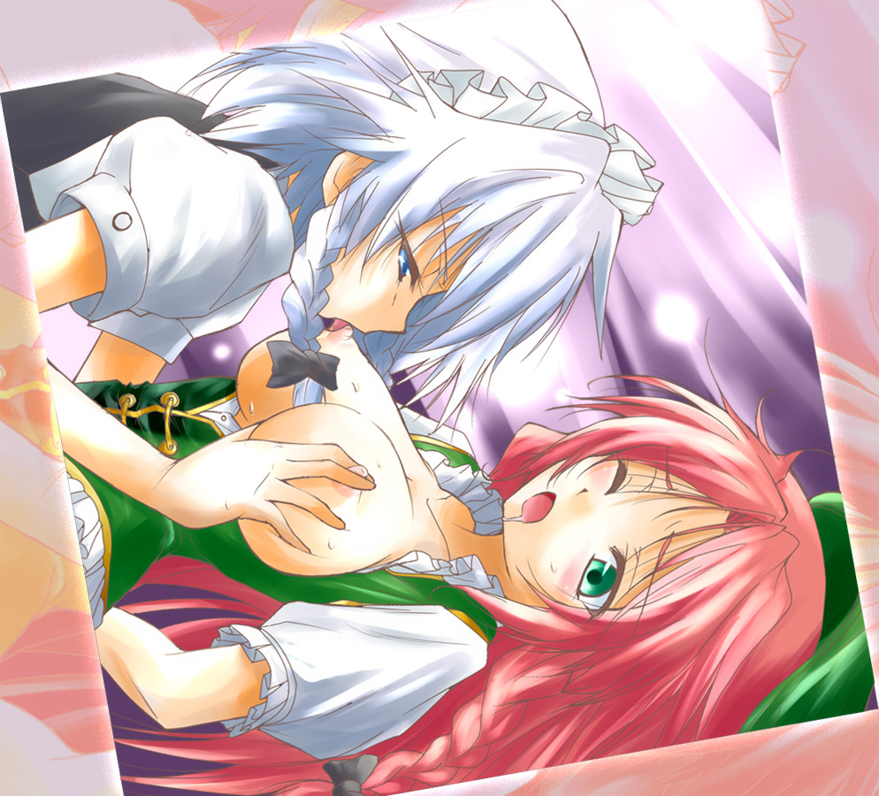 2girls blue_eyes blush braid breast_licking breast_sucking breasts female green_eyes hairband hong_meiling licking long_hair maid multiple_girls nipple_suck nipple_sucking nipples red_hair sakuya_izayoi short_hair silver_hair suckling the_embodiment_of_scarlet_devil touhou twin_braids urutsu_sahari wince yuri