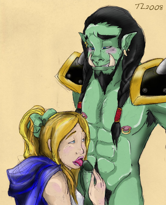 1boy 1girls fellatio female human human_female interspecies jaina_proudmoore light-skinned_female light_skin male male/female oral orc orc_male penis sketch thrall warcraft