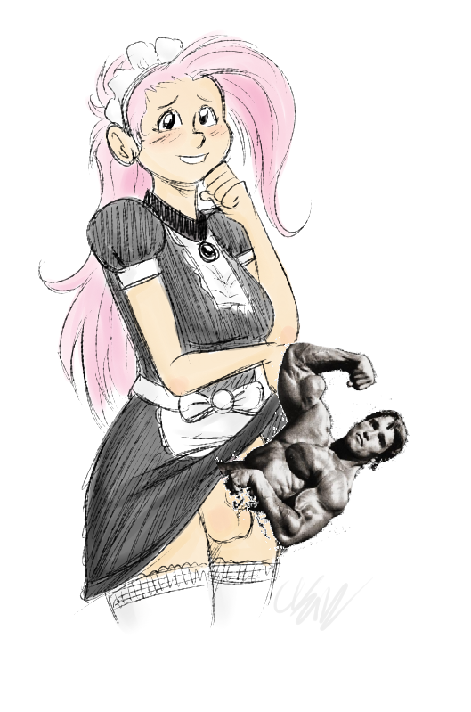 arnold_schwarzenegger balls cartoonlion censored fluttershy_(mlp) friendship_is_magic futanari futashy humanized intersex maid maid_dress maid_uniform my_little_pony testicles weird_censor