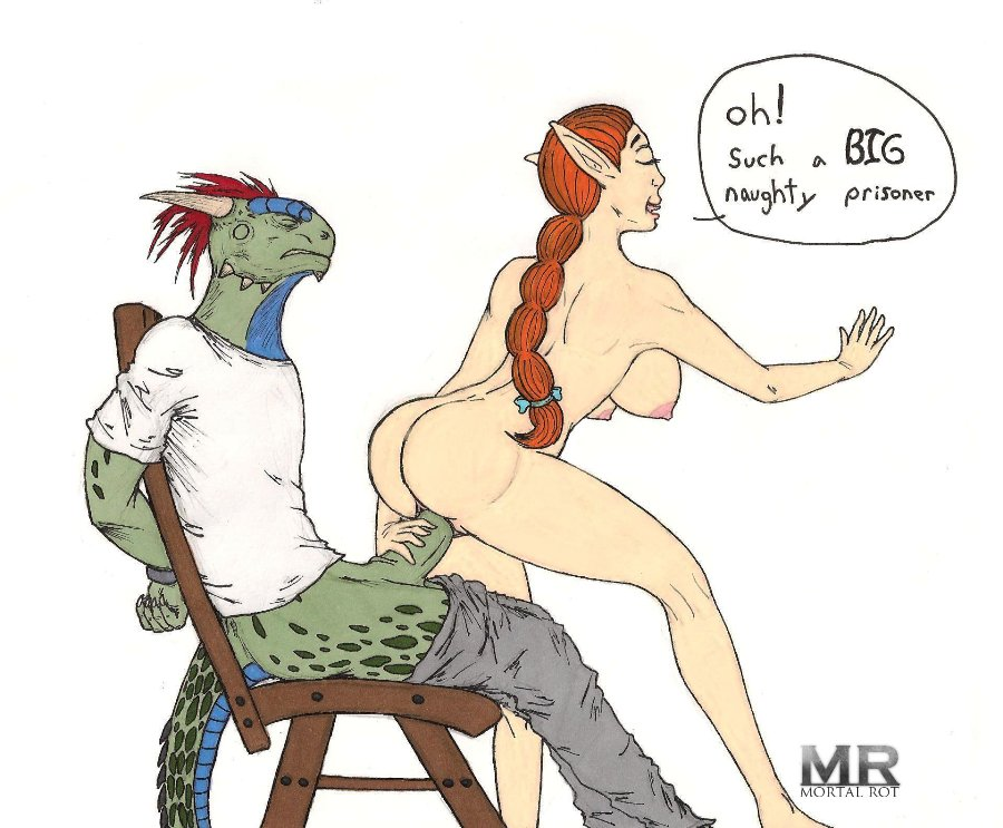 anthro argonian bluekangaroo bosmer chair closed_eyes clothed clothed_male_nude_female clothed_sex clothing elf elf_ears elf_female female humanoid interspecies lizardman mortal_rot naked_female reverse_cowgirl_position scalie simple_background skyrim tail text text_bubble the_elder_scrolls tied tied_hands wood_elf