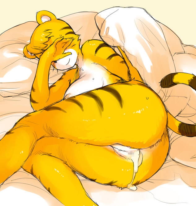 after_sex animal_ears anthro arms bed breasts covering_eyes cum cumdrip furry kikurage large_breasts milf mother pussy sakura_(shima_shima_tora_no_shimajirou) shima_shima_tora_no_shimajirou shimajiro's_mom smile stripes tail thighs tiger tiger_girl whiskers