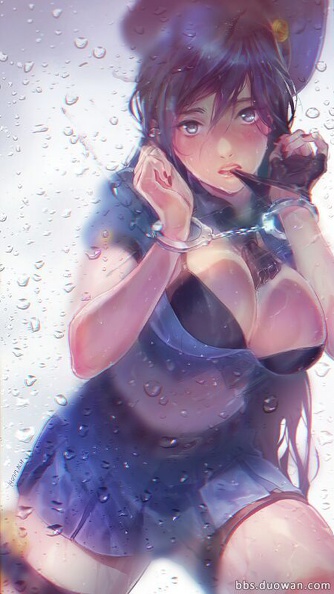 1girls, belly, beltskirt, bite, black bra, black hair, blue skirt, blush, bondage, bra, breasts, caitlyn kiramman, cleavage, cops and robbers series, female, fingerless gloves, glove, gloves, handcuffs, hat, large breasts, league of legends, long hair, miniskirt, nail polish, officer caitlyn, open mouth, police hat, police uniform, policewoman, raised arms, skirt, teeth, text, the grind series, thick thighs, tie, top, walking, water, wet