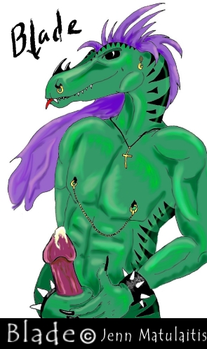 anthro black_sclera blade_(character) cross dinosaur erection holding_penis jenn_matulaitis male nipple_piercing nipples penis piercing solo spikes