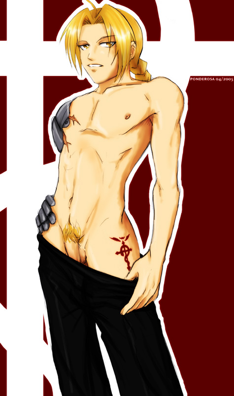 1boy 2005 automail clothes color edward_elric front_view fullmetal_alchemist hand_on_hip human male male_only mechanical_arm pants penis_peek ponderosa scar solo standing tagme tattoo topless