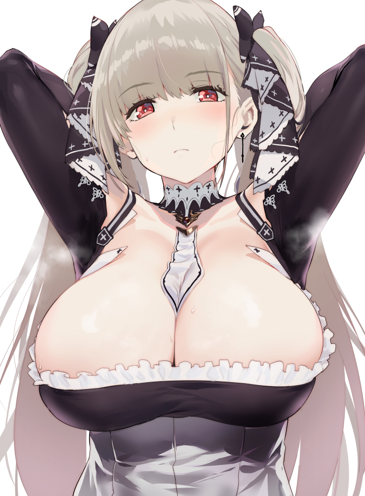 1girls, armpits, arms behind head, arms up, azur lane, big breasts, breasts, cleavage, female, female only, formidable (azur lane), iku (ikuchan kaoru), large breasts, looking at viewer, smelly armpits, solo, steaming body, sweat, sweat stain