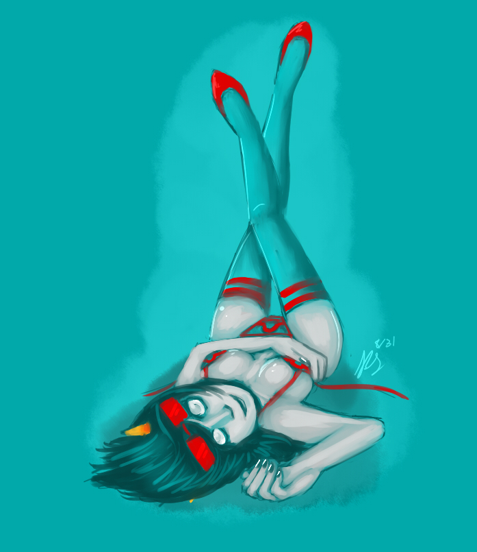 1girls black_hair bra glasses grey_skin high_heels homestuck horns latula_pyrope long_hair looking_at_viewer lying_on_back ms_paint_adventures panties solo stockings teal_background troll white_eyes