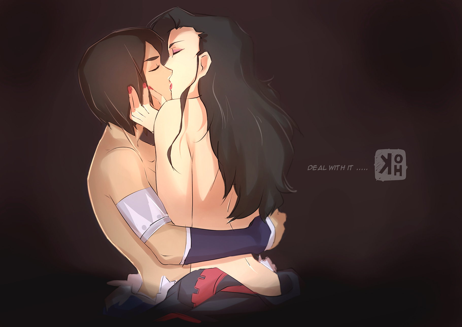 2girls, asami sato, avatar legends, canon couple, clothing, dark skin, dark-skinned female, english text, female, female only, human, interracial, kenda-oh, kissing, korra, multiple females, straight hair, text, the avatar, the legend of korra, topless, water tribe, yuri