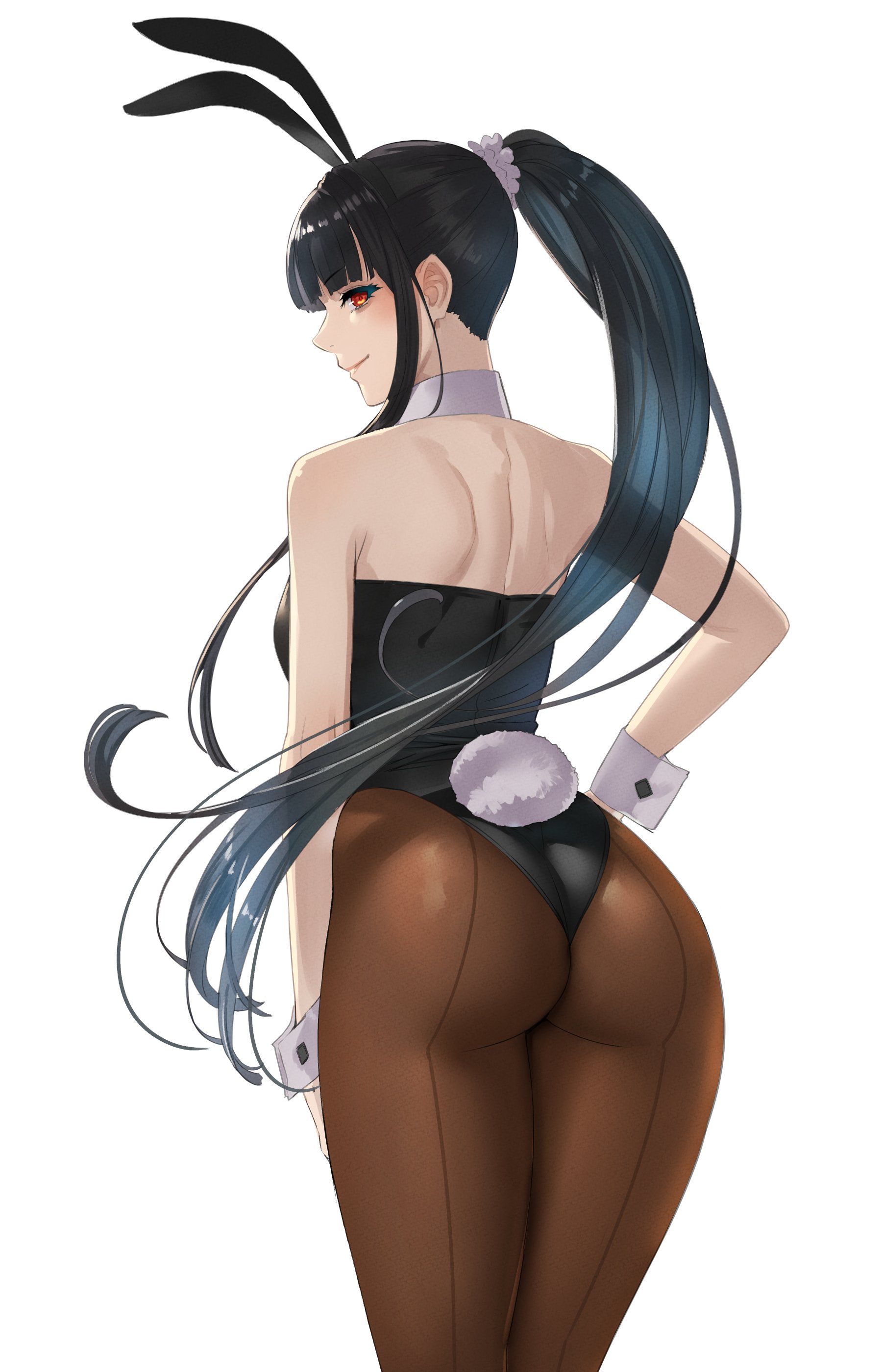 animal ears, ass, bangs, bare shoulders, black hair, black leotard, brown eyes, brown legwear, bunny ears, bunny girl, bunnysuit, closed mouth, damegane, eyebrows visible through hair, fake animal ears, female, from behind, hair ornament, hair scrunchie, hand on hip, high resolution, highleg, highleg leotard, leotard, lidia (damegane), lips, long hair, looking at viewer, looking back, original, pantyhose, ponytail, scrunchie, shiny, shiny clothes, shiny hair, sidelocks, simple background, smile, solo, strapless, strapless leotard, tied hair, very high resolution, white background, wrist cuffs