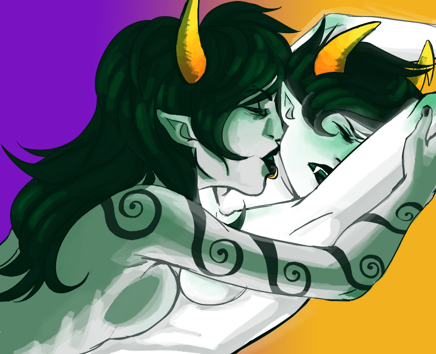 2girls arms_up black_hair black_lips closed_eyes fangs female grey_skin homestuck horns incest kanaya_maryam lip_piercing long_hair ms_paint_adventures multiple_girls piercing pointy_ears porrim_maryam short_hair tattoo troll wince yuri