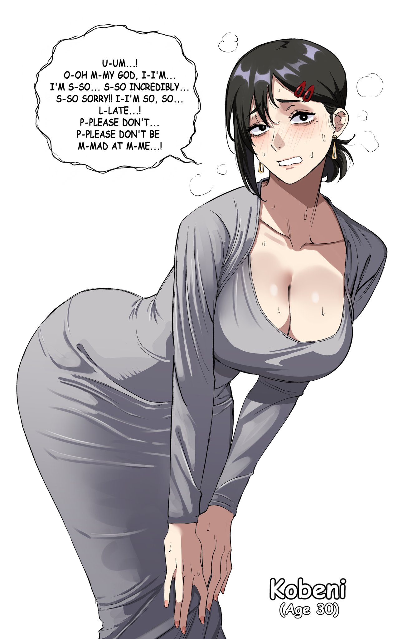 2d, anime girl, anime style, arched back, ass bigger than head, bent over, black hair, blush, blushing, chainsaw man, child bearing hips, cleavage, cleavage cutout, earrings, embarrassed, embarrassed expression, embarrassed female, grown up, hairclip, higashiyama kobeni, hourglass figure, hourglass figured female, insecure, kobeni higashiyama, large ass, large breasts, leaning forward, mature, mature body, mature female, mature figure, mature woman, mg991998, shy, shy expression, shy female, shy smile, slim waist, sweatdrop, tagme, talking, talking to partner, talking to viewer, thick ass, thick thighs, tied hair, tight clothes, tight clothing, tight fit, time skip, white background, wide hips