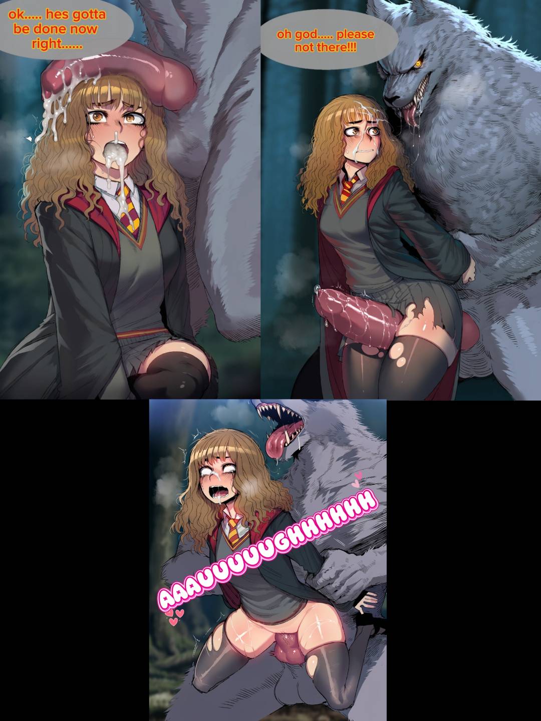 ai generated, anthro, anthro dominating human, anthro penetrating, anthro penetrating human, arm pull, arms behind back, canine, canine on human, canine penis, cock between thighs, cock in pussy, cock on head, cum in mouth, cum on face, cum out nose, domination, eye roll, facial, gryffindor, harry potter, hermione granger, human, human female, human penetrated, interspecies, knot, knotted penis, male anthro/female human, ponyguy101, ripped clothing, rough sex, school uniform, schoolgirl, suspended in midair, tagme, tears, torn clothes, werewolf
