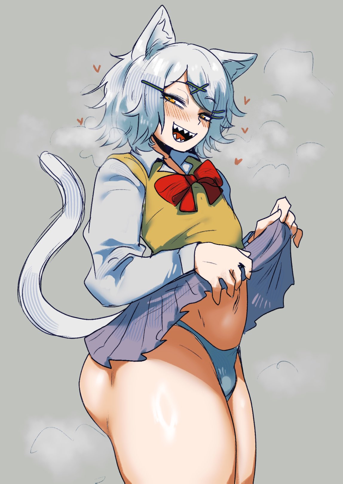 1boy, ass, catboy, chainsmoker cat, femboy, large ass, light skin, light-skinned male, looking at viewer, male, male only, myotaron, nishi shunran, shunran, skirt, thick thighs, thighs, wide hips, yani neko