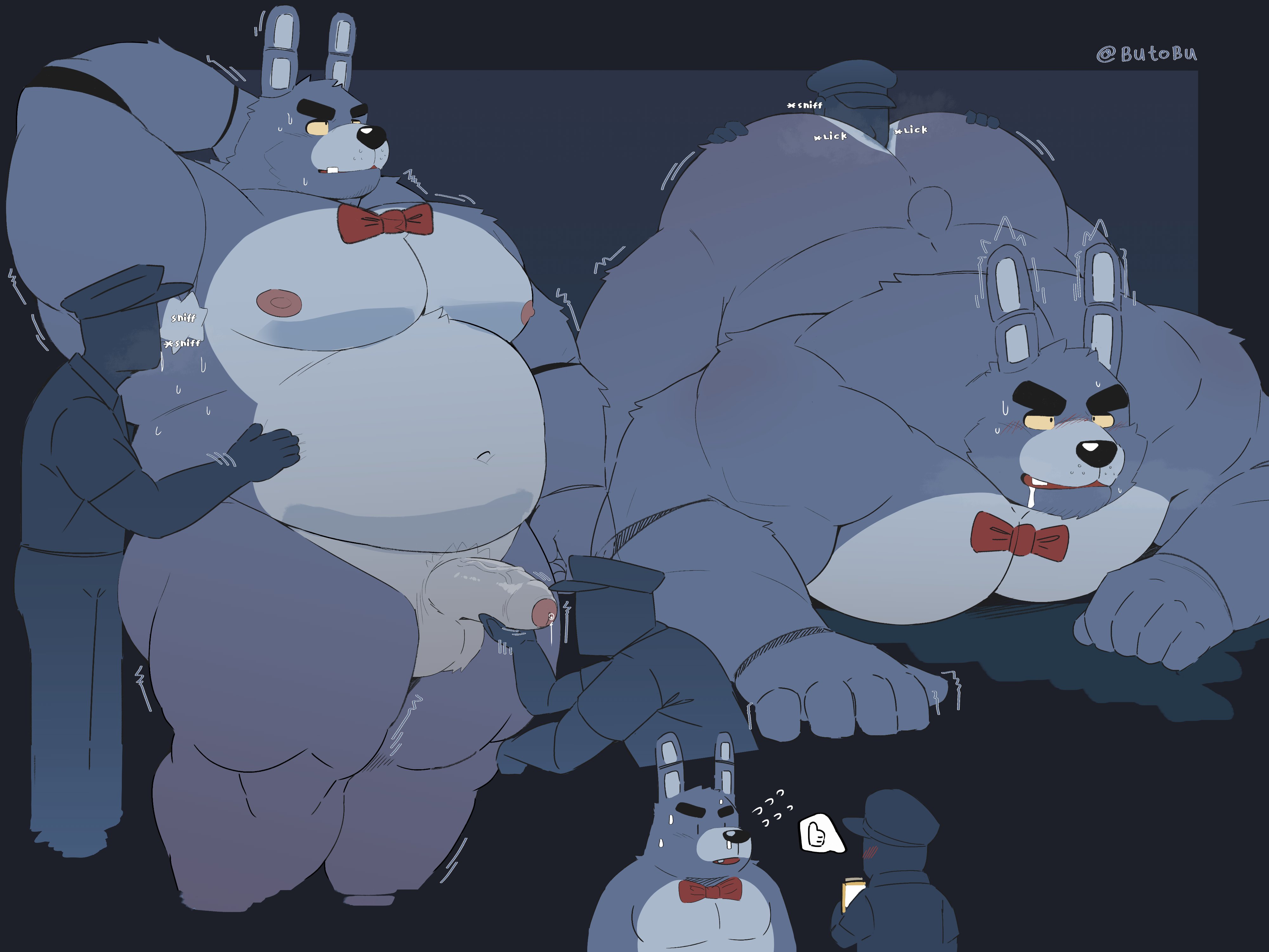 2boys, anthro, artist request, ass, big ass, big butt, bonnie (fnaf), butt, chubby, clothing, erection, fat ass, five nights at freddy's, fnaf, from behind, furry, gay, human, male, male only, male/male, muscular, night guard (fnaf), penis, rimjob, rimming, rimming male, scottgames, size difference, small dom big sub, smaller male