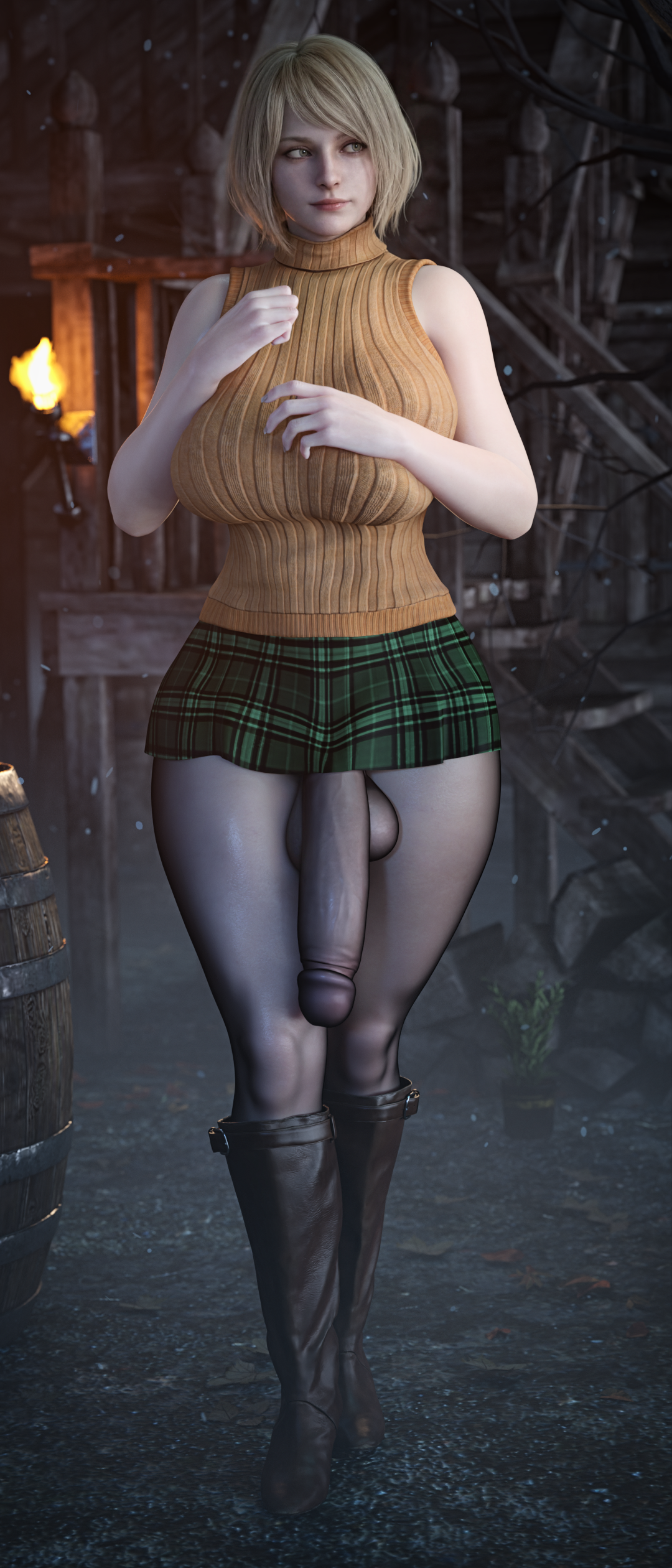 1futa, 3d, 3d (artwork), ashley graham, big breasts, big penis, blonde hair, flaccid, futanari, light-skinned futa, lipstick, resident evil 4 remake, short hair, skirt, solo, standing, stevencarson, stockings, veiny penis