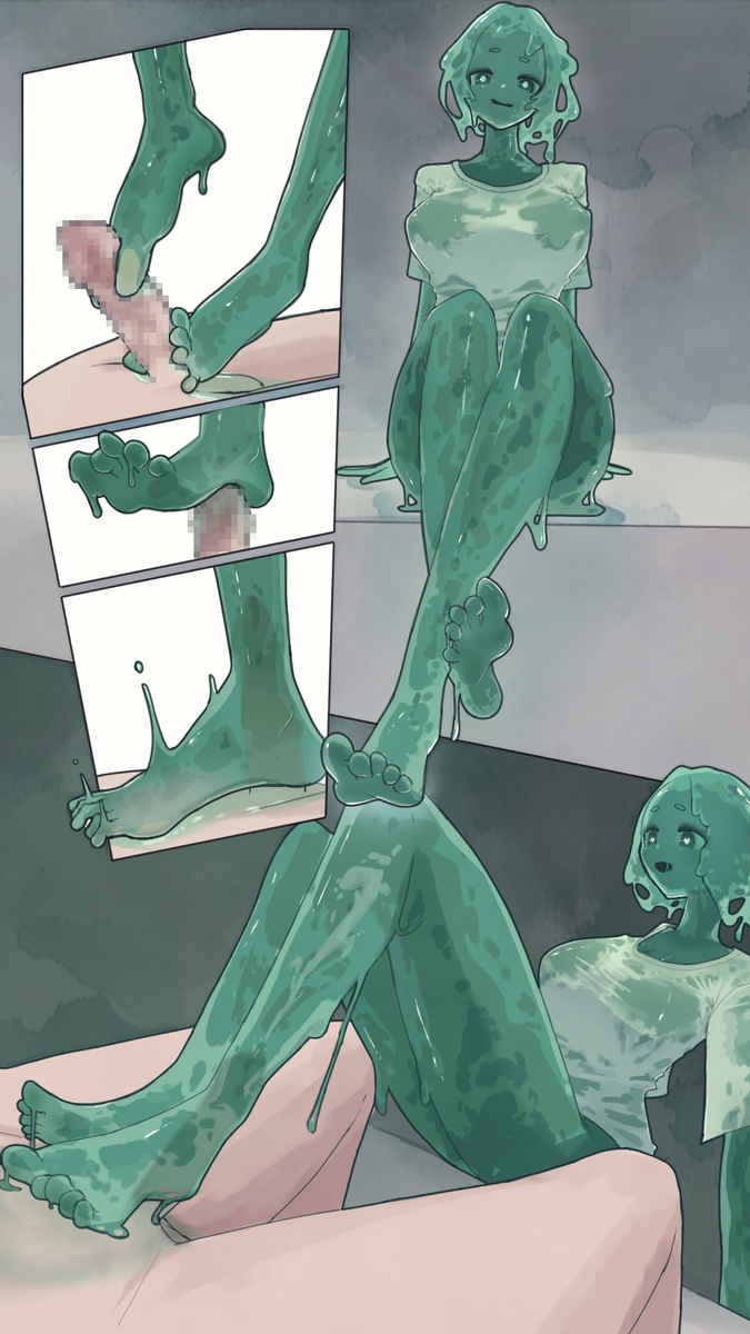 1boy, 1girls, 2d, 2d (artwork), cum, cum inside, feet, feet focus, female, foot, foot fetish, foot focus, foot fuck, foot play, foot worship, footjob, green body, green eyes, green hair, green skin, male, male/female, monster, monster girl, mouth open, nichijou chahan-dera, open mouth, slime, slime girl, slime monster, smile, soles, steam