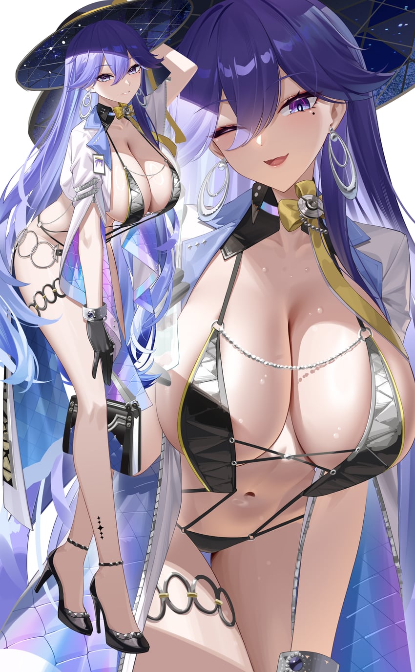 1girl, absurdres, alternate costume, arm up, bangle, black gloves, black hat, black shoes, black slingshot swimsuit, bracelet, breasts, commentary, earrings, gloves, hair between eyes, hat, high heels, highres, id card, jacket, jewelry, large breasts, leaning forward, long hair, looking at viewer, lucilla (wuthering waves), mole, mole under eye, multiple views, navel, one eye closed, open mouth, parted lips, purple eyes, purple hair, shoes, slingshot swimsuit, smile, stomach, swimsuit, tacet mark (wuthering waves), tagme, thigh gap, thighs, tousang, white jacket, wuthering waves