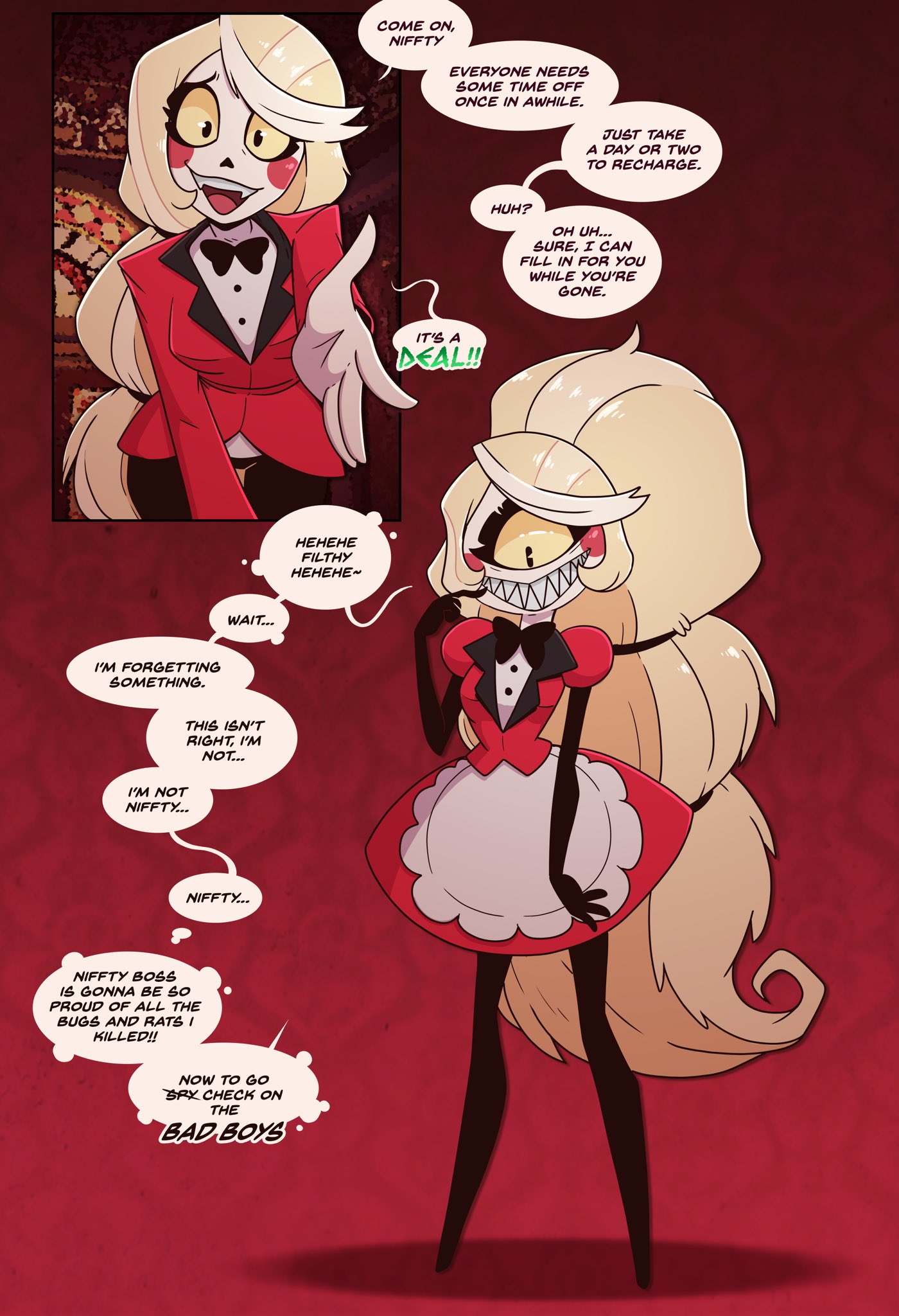 1eye, 1girls, blonde hair, charlie morningstar (hazbin hotel), cyclops, demon, demon girl, female, female only, hazbin hotel, hypnotized, identity death, implied transformation, maid, niffty, red clothing, sharp teeth, text, text bubble, transformation, tuxedo vest, twinning, wrenzephyr2