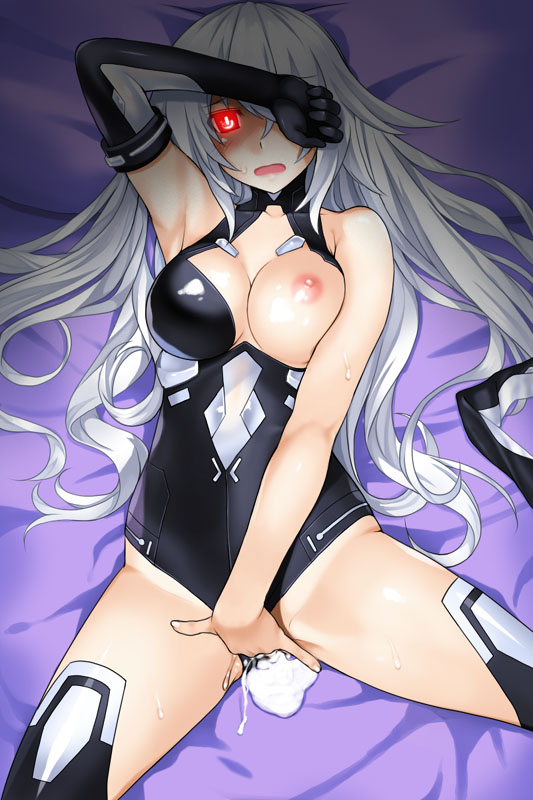 black_heart breasts cum cum_pool kamia_(not_found) long_hair masturbation neptunia_(series) nipples noire open_mouth red_eyes white_hair