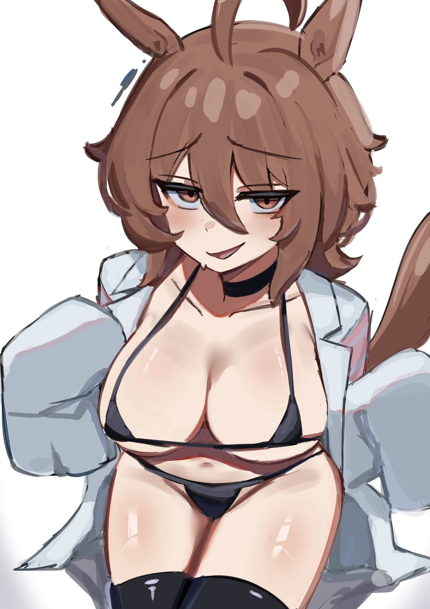 agnes tachyon (umamusume), ahoge, animal ears, bedroom eyes, belly button, big breasts, bikini, black bikini, black thighhighs, blush, brown hair, coat, coat open, crossed legs, female, horse ears, horse girl, horse tail, iog626, labcoat, large breasts, legs crossed, legs together, looking up, navel, open clothes, open clothing, open coat, open mouth, red eyes, short hair, sitting, sleeves past wrists, smile, swimsuit, tail, thighhighs, umamusume, umamusume pretty derby