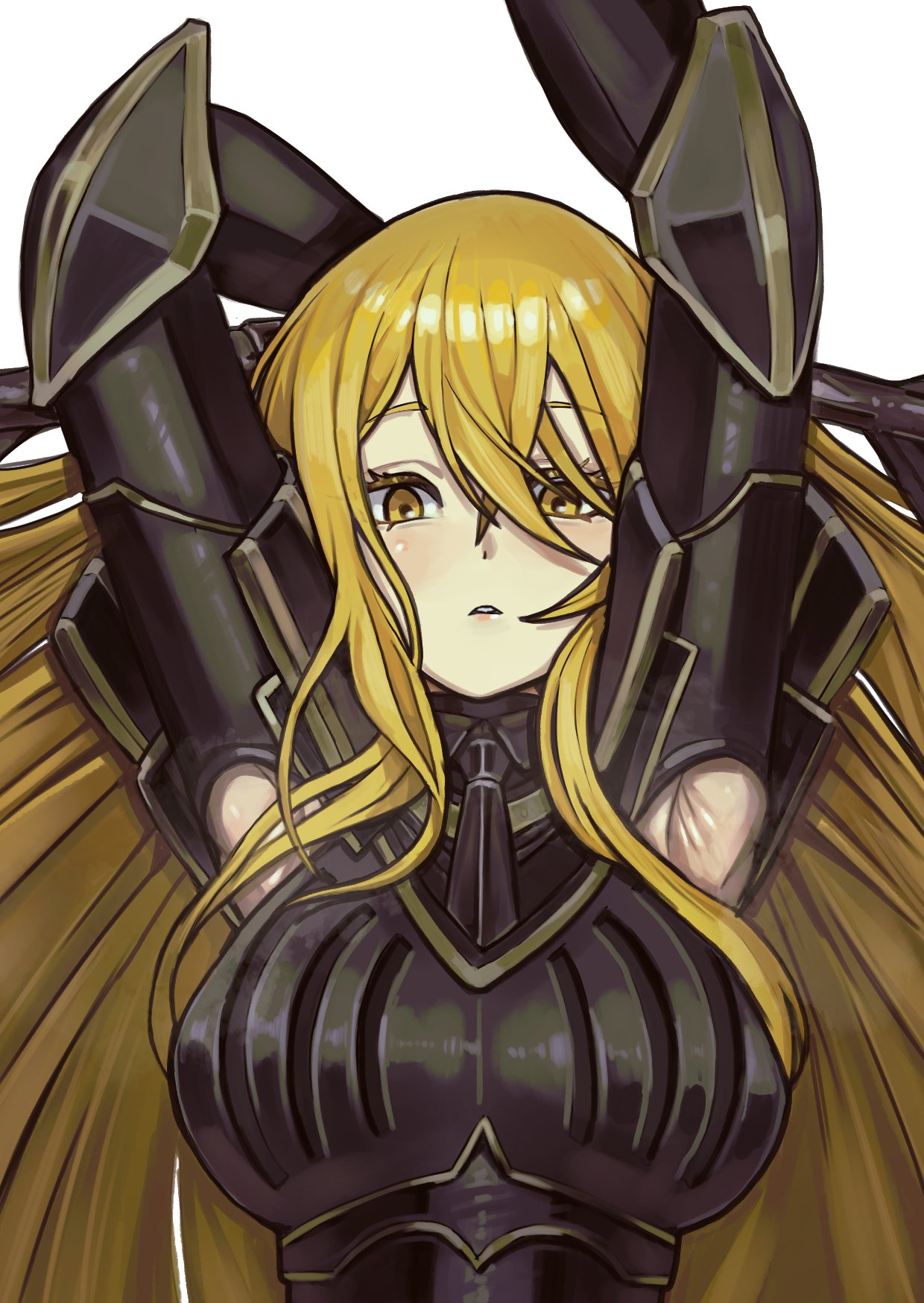 1girls, armor, armpits, blonde hair, blush, breasts, don quixote (limbus company), horn, large breasts, limbus company, long sleeves, looking at viewer, necktie, project moon, sweat, white background, yellow eyes
