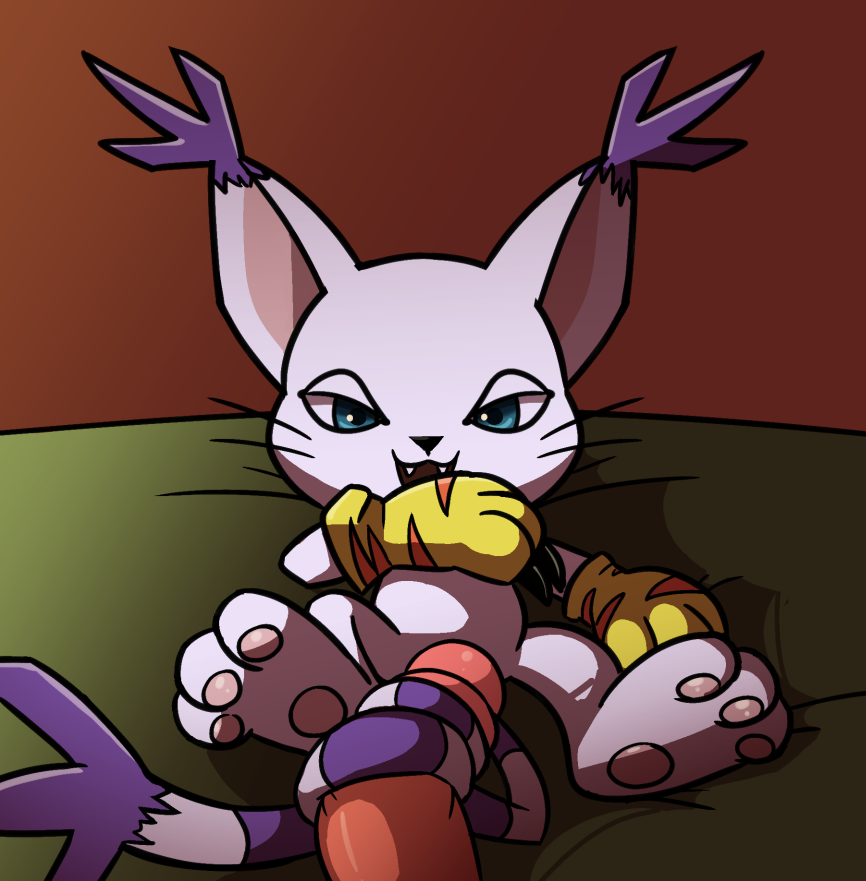 2015 ambiguous_gender digimon disembodied_penis feline feline gatomon human intest male mammal penis sex tail_sex tailjob