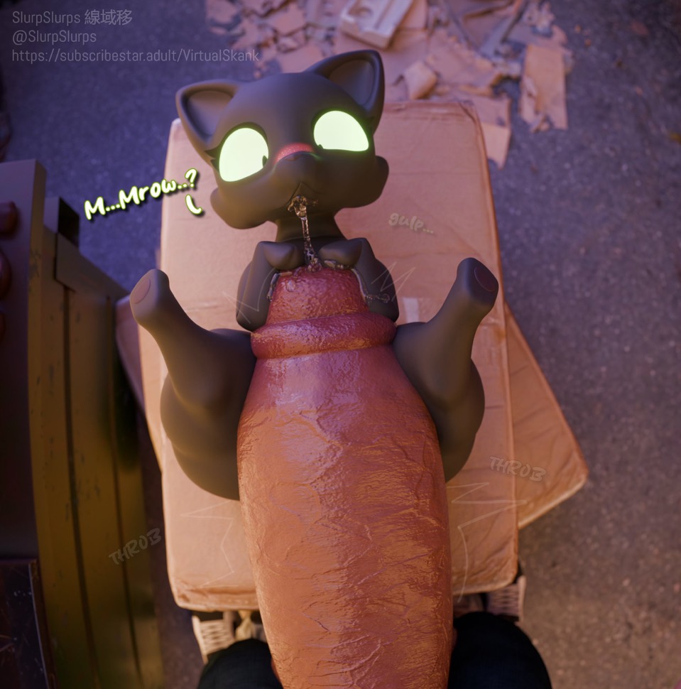 3d, a cat is fine too, alleyway, box, feline, feral, human, human on feral, looking at penis, open legs, slurpslurps, smaller female