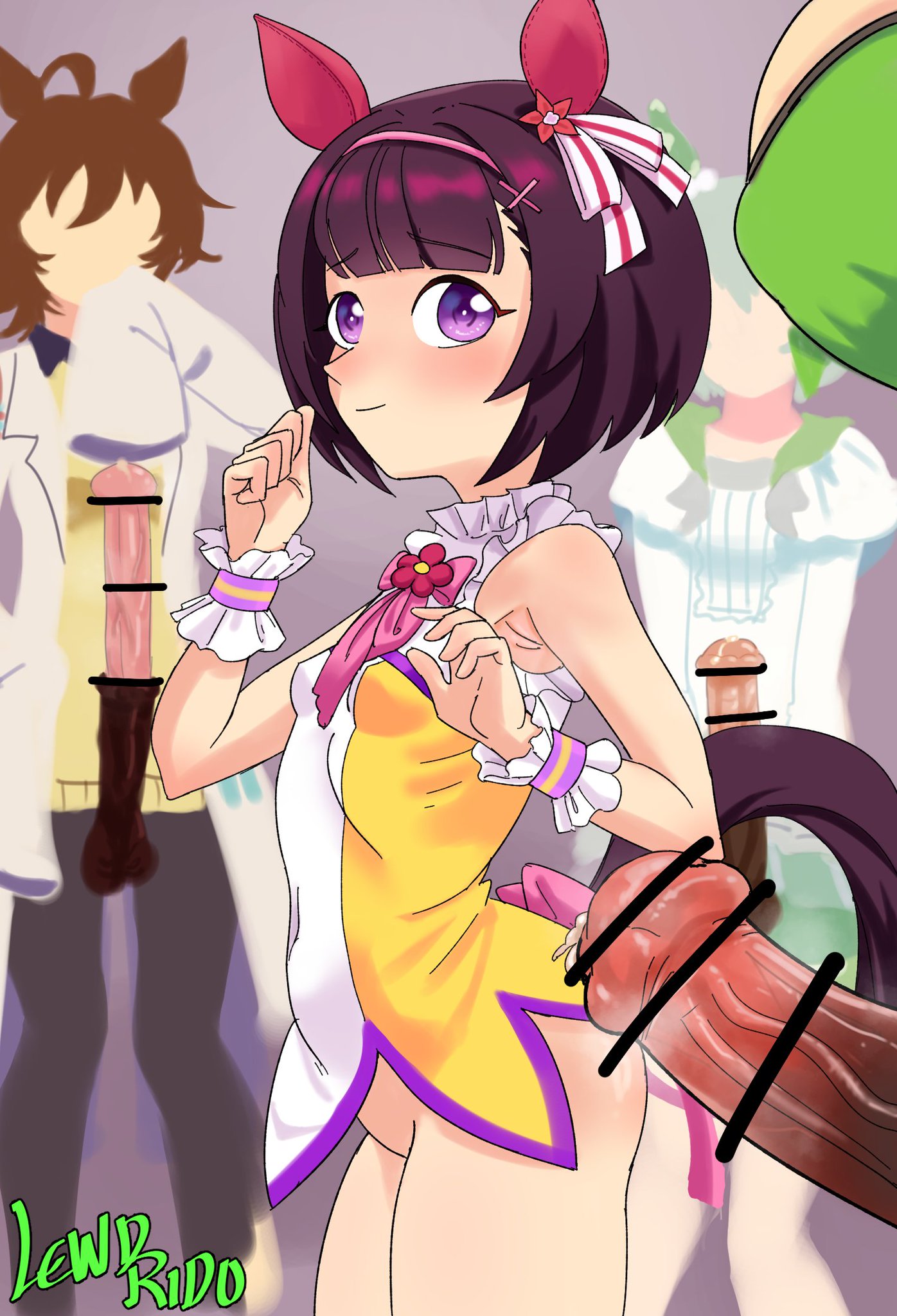 agnes tachyon (umamusume), armpits, ass, bar censor, big balls, big breasts, big penis, blush, censored, erect nipples, erect penis, flat chest, futanari, horse, horsecock, lewdrido, nishino flower (umamusume), precum, seiun sky (umamusume), taiki shuttle (umamusume), umamusume, umamusume futanari