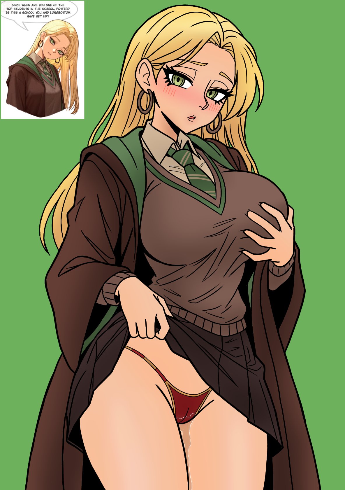 1girls, artist request, breasts, cameltoe, draco malfoy, female, female focus, female only, harry potter, large breasts, light skin, light-skinned female, panties, pussy juice, rule 63, skirt, skirt lift, skirt lifted by self, solo, thick thighs, thighs, wide hips