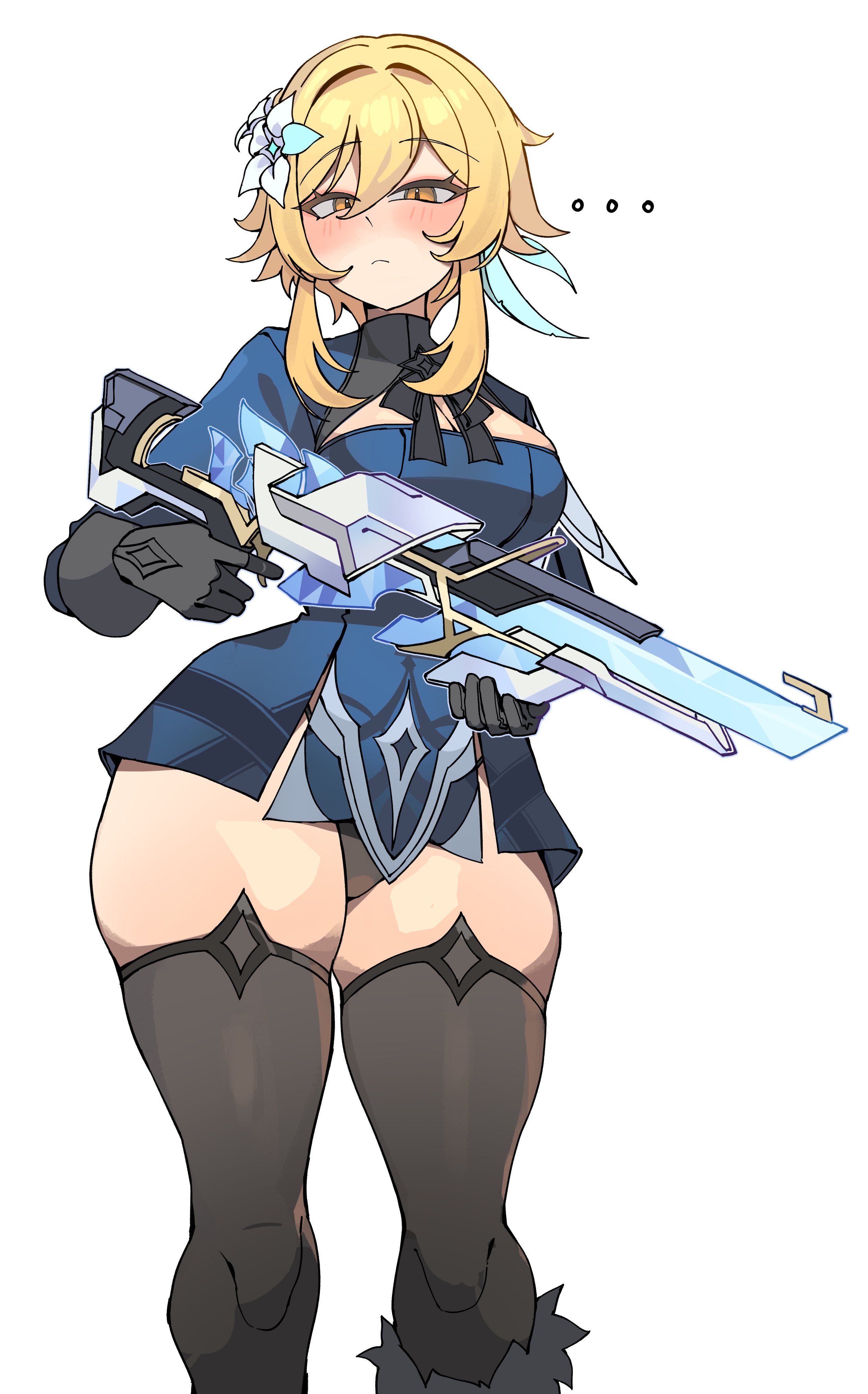 1girls, breasts, female, female focus, female only, genshin impact, gun, holding object, holding weapon, kuromaruart, large breasts, light skin, light-skinned female, looking at viewer, lumine (genshin impact), rifle, solo, solo female, solo focus, thick thighs, thighhighs, thighs, visible underwear, wide hips