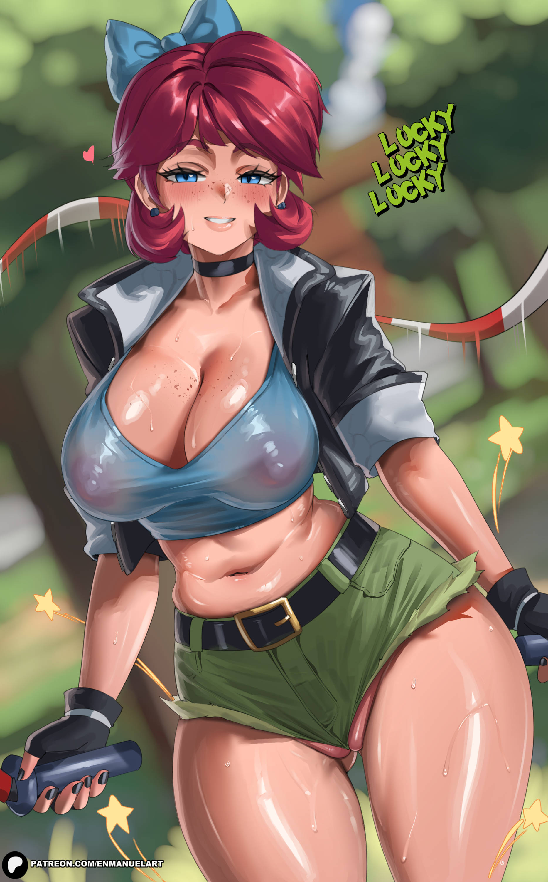 1girls, breasts, cameltoe, enmanuelart20, female, female focus, female only, large breasts, light skin, light-skinned female, looking at viewer, micro shorts, minishorts, scarlet (yerkdiff), scarlet skips, solo, thick thighs, thighs, wide hips
