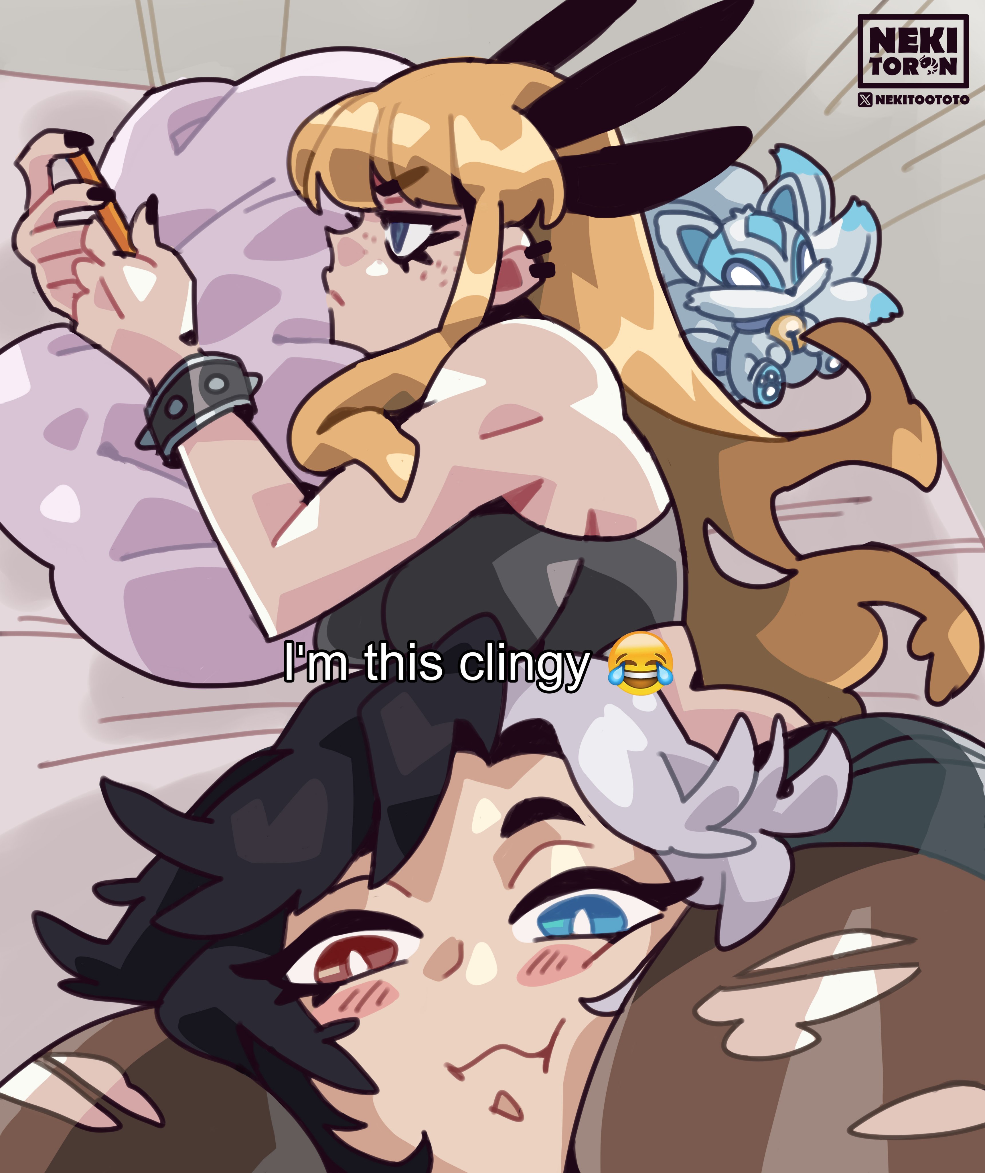 2d, 2girls, between legs, between thighs, character doll, female, female only, head between thighs, im this clingy (meme), looking at phone, luna snow, luna snow (marvel rivals), magik (illyana rasputin), magik (marvel rivals), marvel, marvel rivals, meme, nekitoototo, phone, plushie, selfie, snowsword, texting, thick thighs, white fox (marvel rivals), white fox (marvel), wholesome, yuri