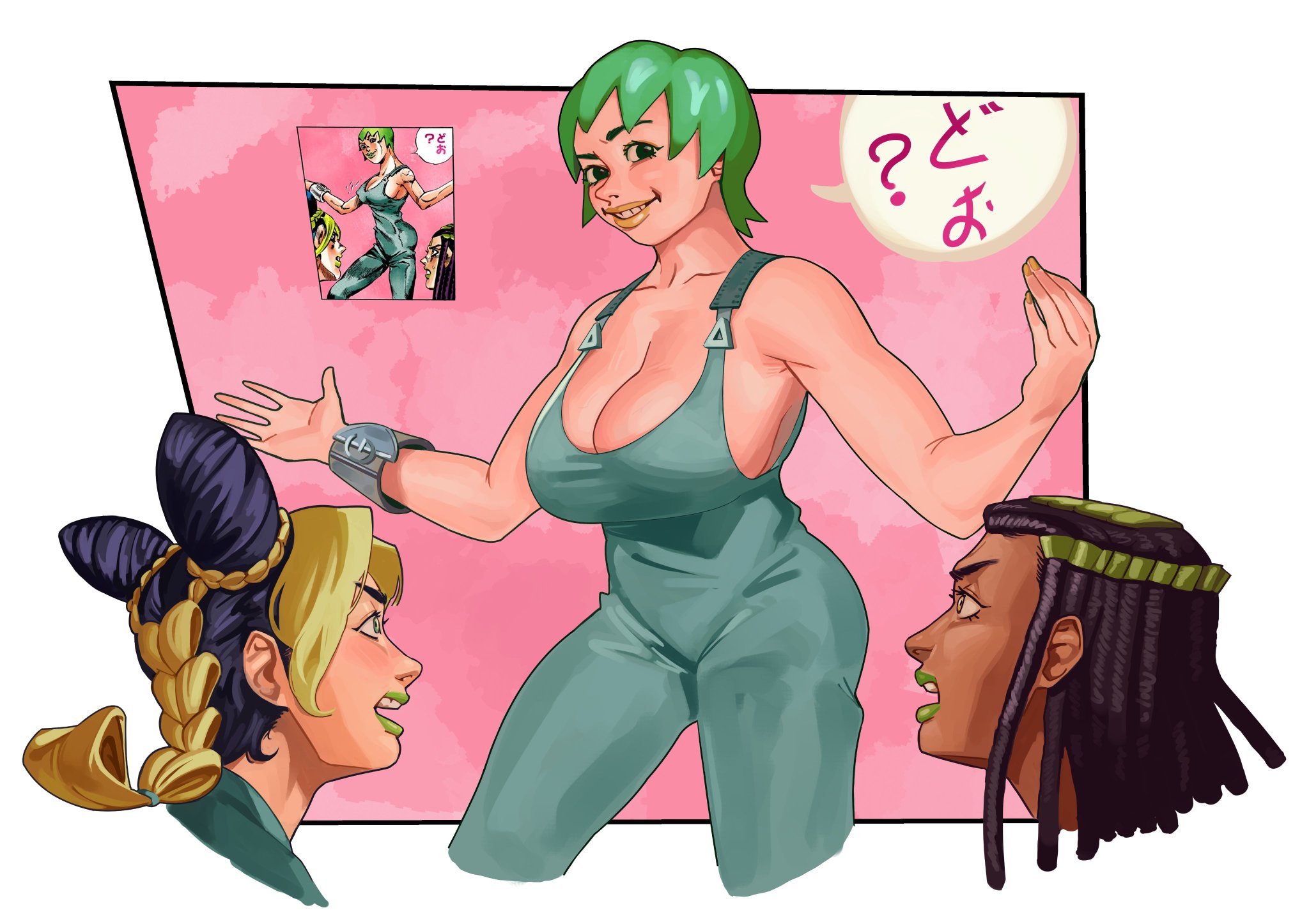 3girls, big breasts, breast awe, breasts, canonical scene, cleavage, dark skin, dark skinned female, ermes costello, female, female only, foo fighters, green hair, huge breasts, jojo's bizarre adventure, jolyne kujo, jumboiiii, large breasts, light skin, light skinned female, looking at breasts, overalls, reference image, shocked, shocked expression, short hair, short hair female, showing off, sideboob, smile, solo focus, standing, staring, staring at breasts, stone ocean