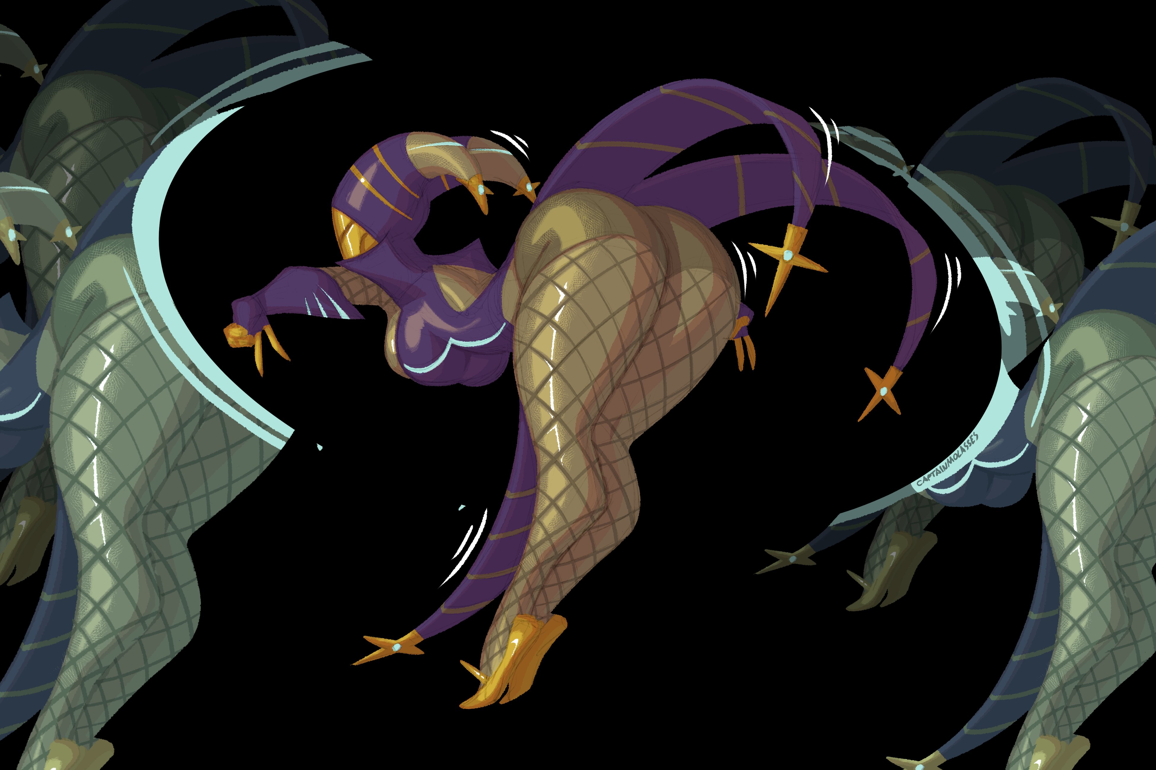 1girls, ass, breasts, captainmolasses, hips, large ass, medium breasts, mirage (warframe), simple background, thick thighs, thighhighs, thighs, warframe