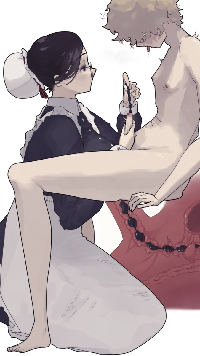 1boy, 1girls, 2d, 2d (artwork), assertive, assertive female, black hair, clothed, clothed female, clothed female nude male, female, femdom, glasses, maid, maid uniform, male, male/female, nichijou chahan-dera, nude, nude male, on knees, open mouth, prostate, prostate sounding, prostate stimulation, shaking, sounding, sounding beads, tongue, tongue out, twitching, urethra, urethral, urethral beads, urethral insertion, urethral penetration