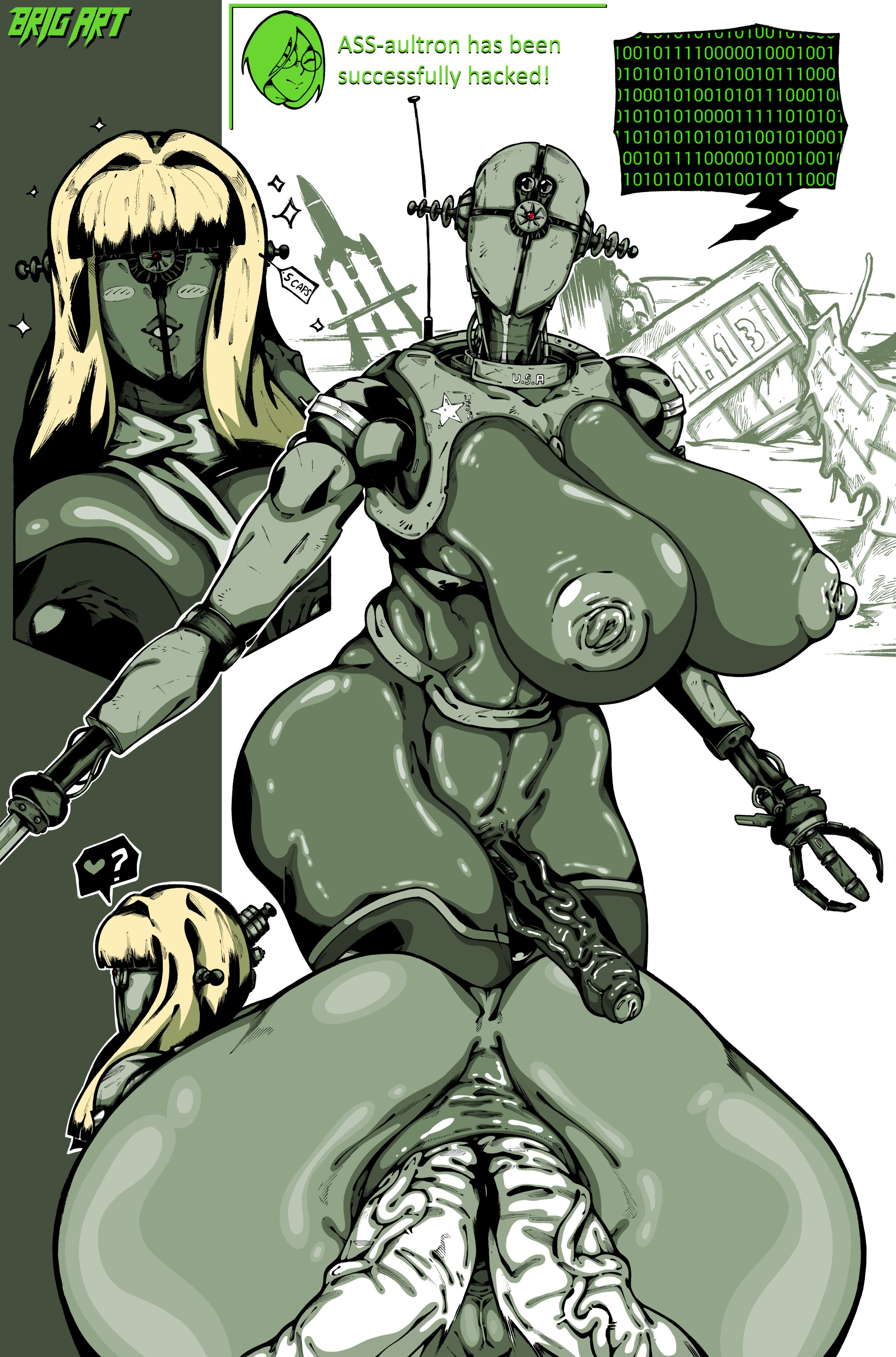 1girls, 2boys, anal, anal penetration, anal sex, android, ass, assaultron, assaultron (fallout), big ass, big breasts, big penis, breasts, brig art, dialogue, disembodied penis, double penetration, english text, fallout, fallout 4, futanari, huge ass, huge breasts, huge cock, nipples, penetration, penis, robot, robot girl, text