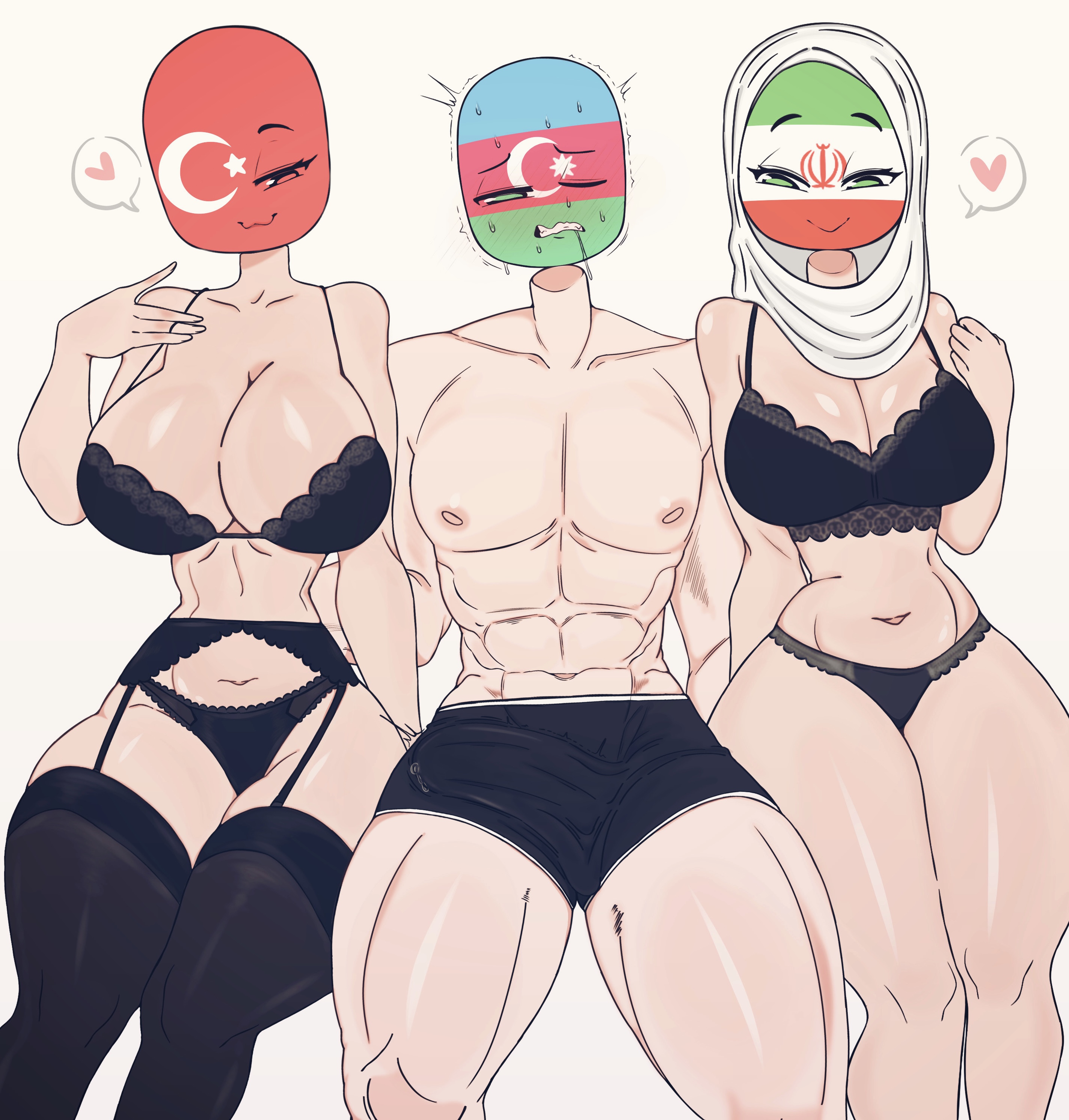 1boy, 2girls, 2girls1boy, about to have sex, azerbaijan (countryhumans), bulge, countryhumans, countryhumans girl, curvy, flawsy, iran (countryhumans), lingerie, pent up, precum, precum through clothing, tagme, trio, turkey (countryhumans)